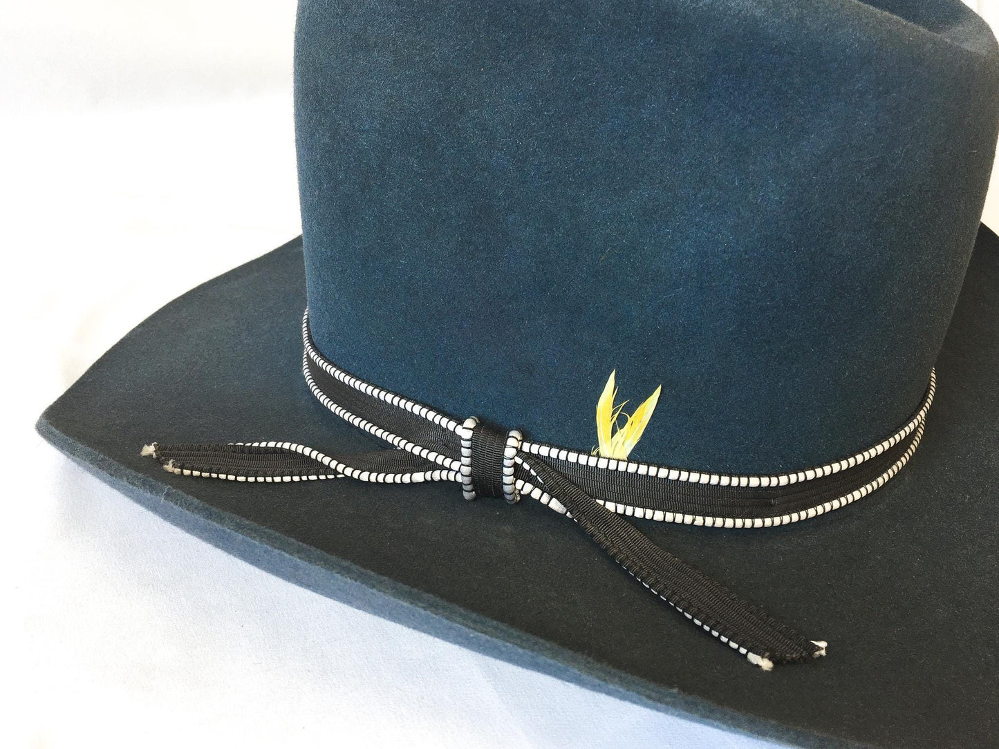 Vintage Bailey's Blue/Gray Felt Cowboy Hat with Black Ribbon Yellow Feather Band, Sz. 7 3/8, Unique Vintage Western Hat
