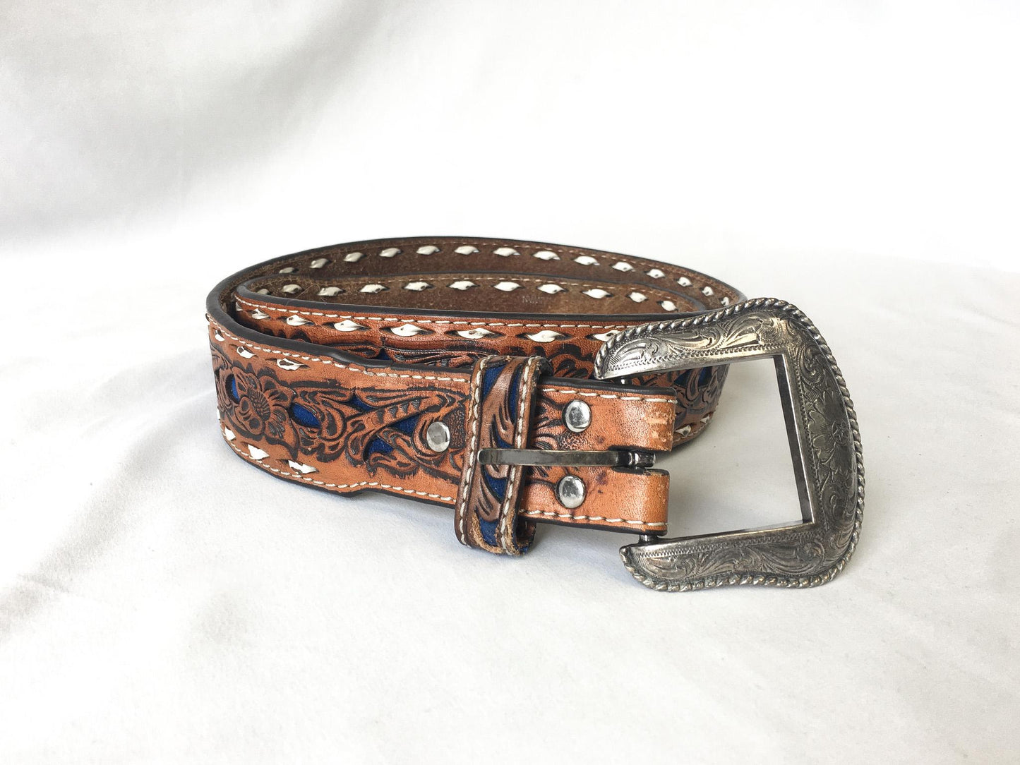 Tooled Nocona Blue Inlay Floral Engraved Leather Belt, Sz. 30" - 34" Waist, Vintage Western Boho Belt