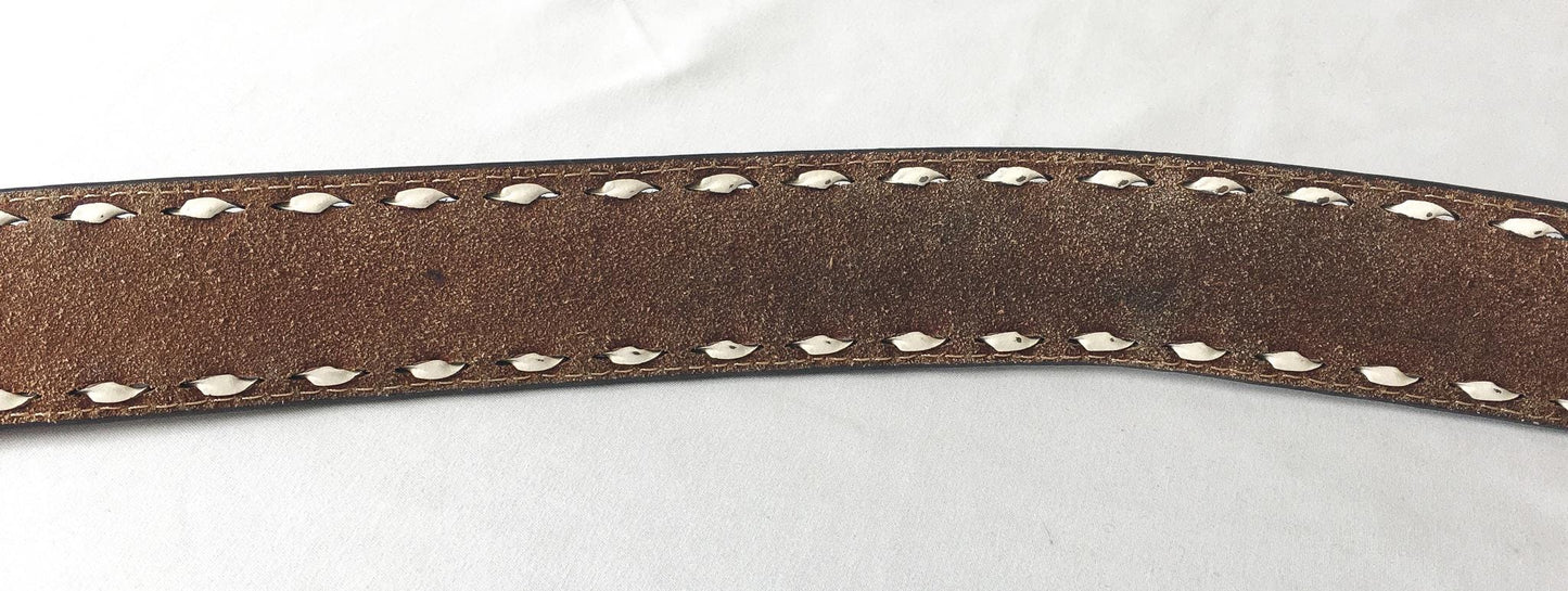 Tooled Nocona Blue Inlay Floral Engraved Leather Belt, Sz. 30" - 34" Waist, Vintage Western Boho Belt