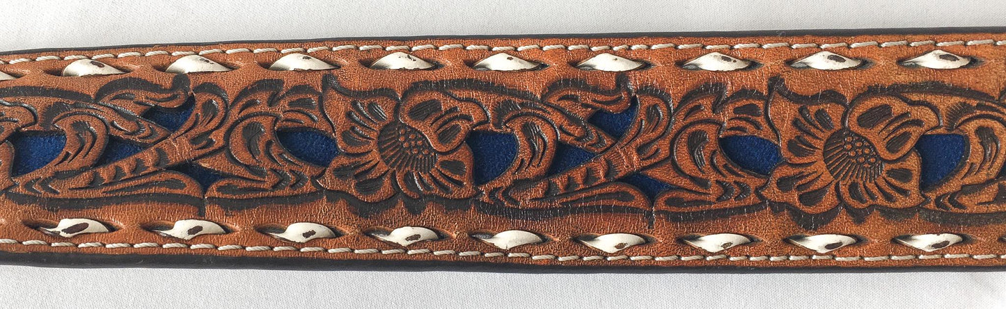 Tooled Nocona Blue Inlay Floral Engraved Leather Belt, Sz. 30" - 34" Waist, Vintage Western Boho Belt