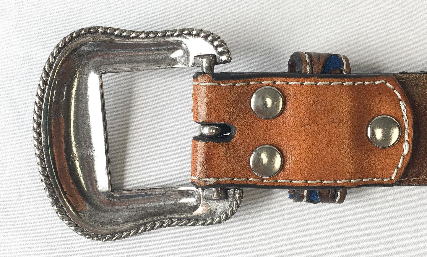 Tooled Nocona Blue Inlay Floral Engraved Leather Belt, Sz. 30" - 34" Waist, Vintage Western Boho Belt