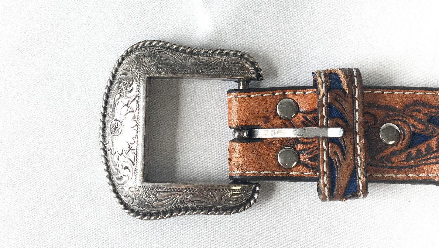 Tooled Nocona Blue Inlay Floral Engraved Leather Belt, Sz. 30" - 34" Waist, Vintage Western Boho Belt