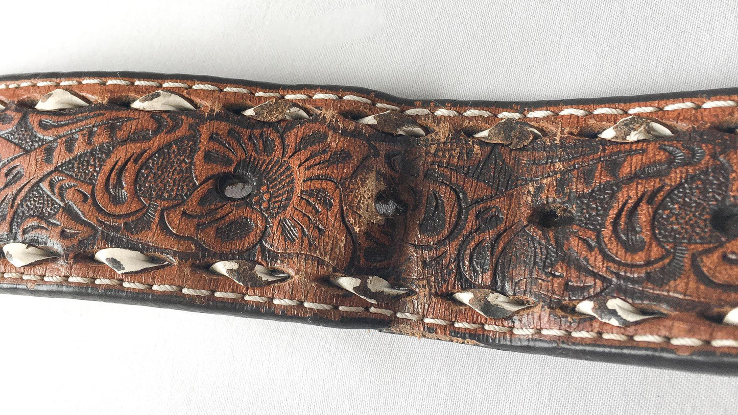 Tooled Nocona Blue Inlay Floral Engraved Leather Belt, Sz. 30" - 34" Waist, Vintage Western Boho Belt