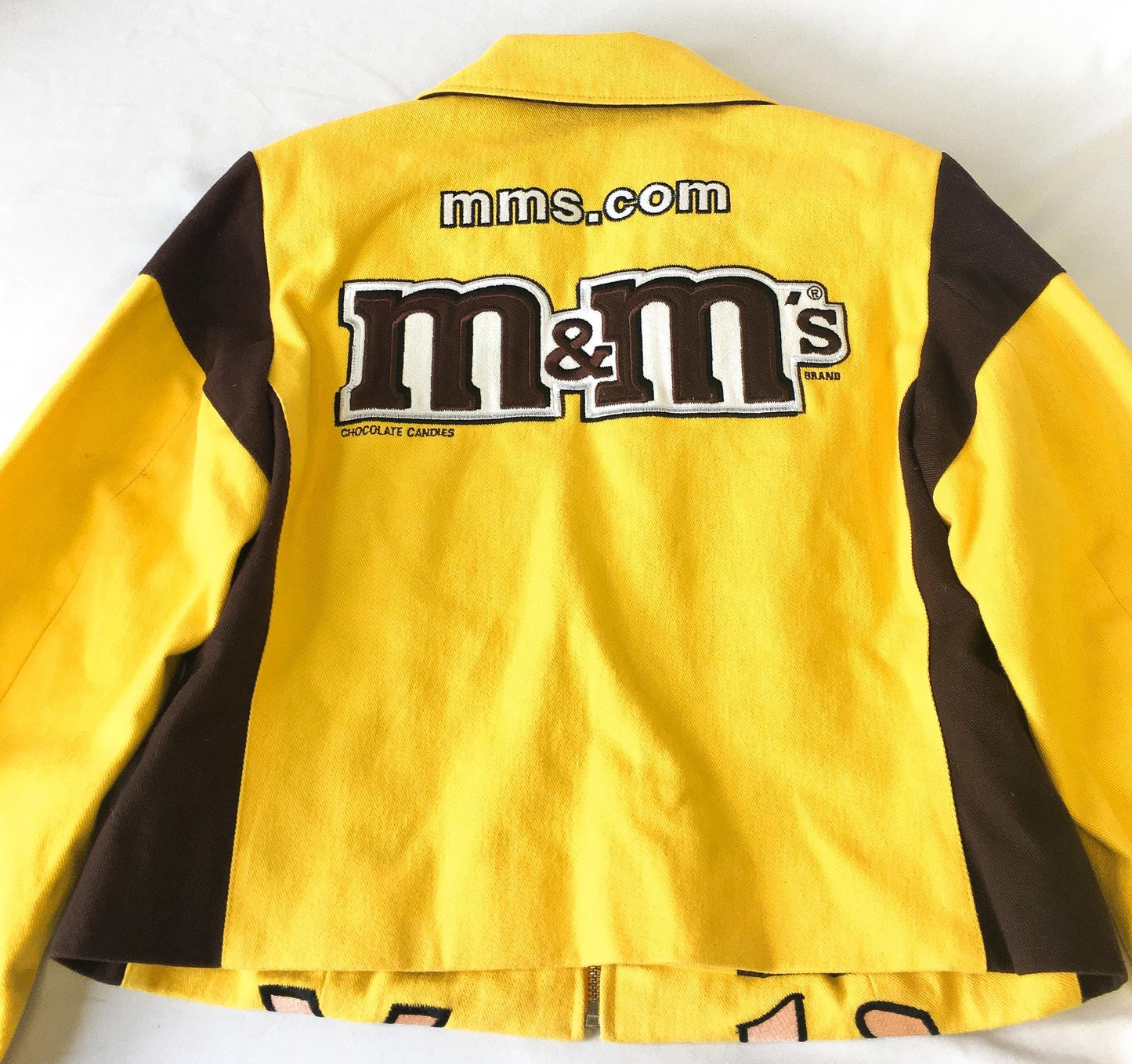 Vintage M&M's Nascar Yellow Brown #38 Elliott Sadler Embroidered Racing Jacket, Sz. M, Vintage Nascar F1 Streetwear Jacket