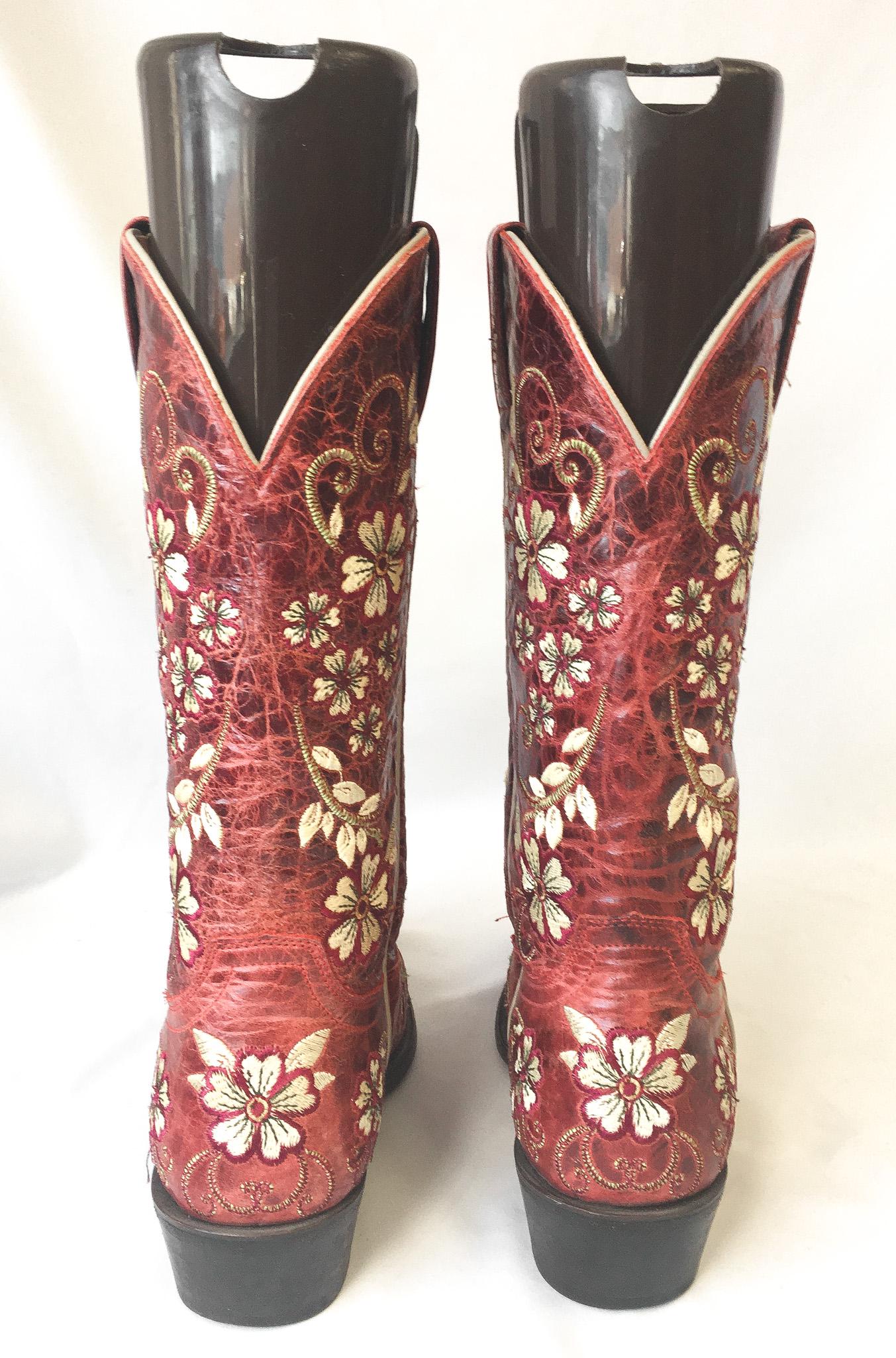Vintage Inspired Shyanne Red/Cream Leather Floral Embroidered Snip Toe Cowboy Boots, Women's Sz 8B, Vintage Western Boots
