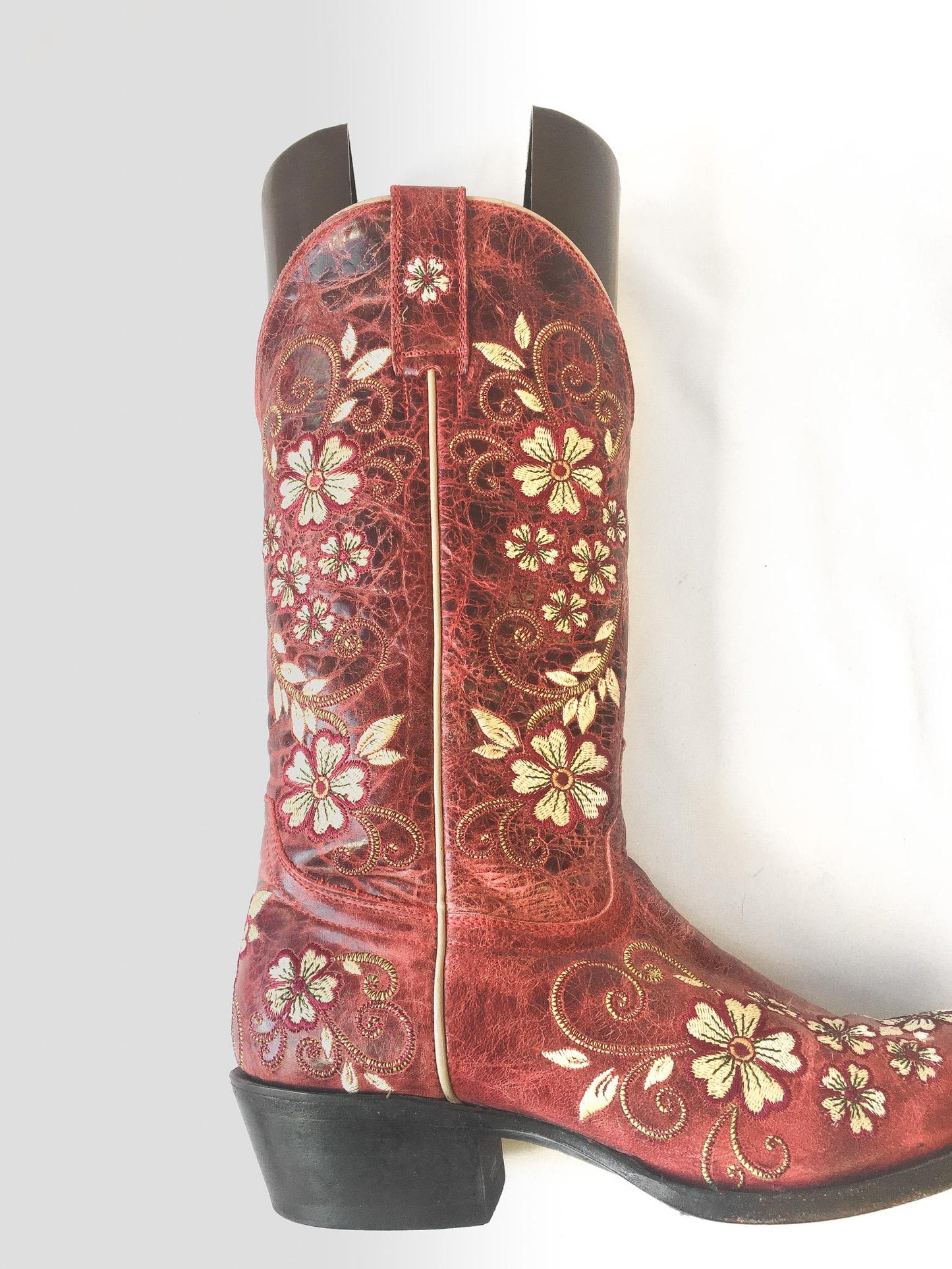 Vintage Inspired Shyanne Red/Cream Leather Floral Embroidered Snip Toe Cowboy Boots, Women's Sz 8B, Vintage Western Boots
