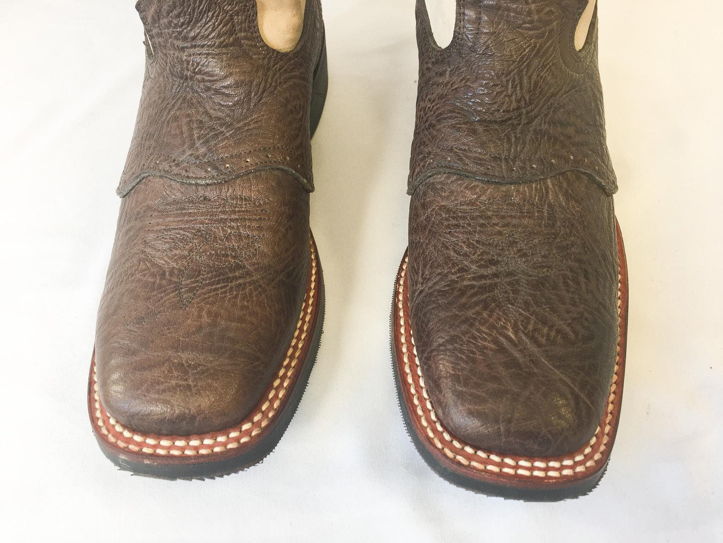 Vintage Inspired Double H Brown/Cream Leather Embroidered Cowboy Boots, Women's Sz. 8M, Vintage Western Boots
