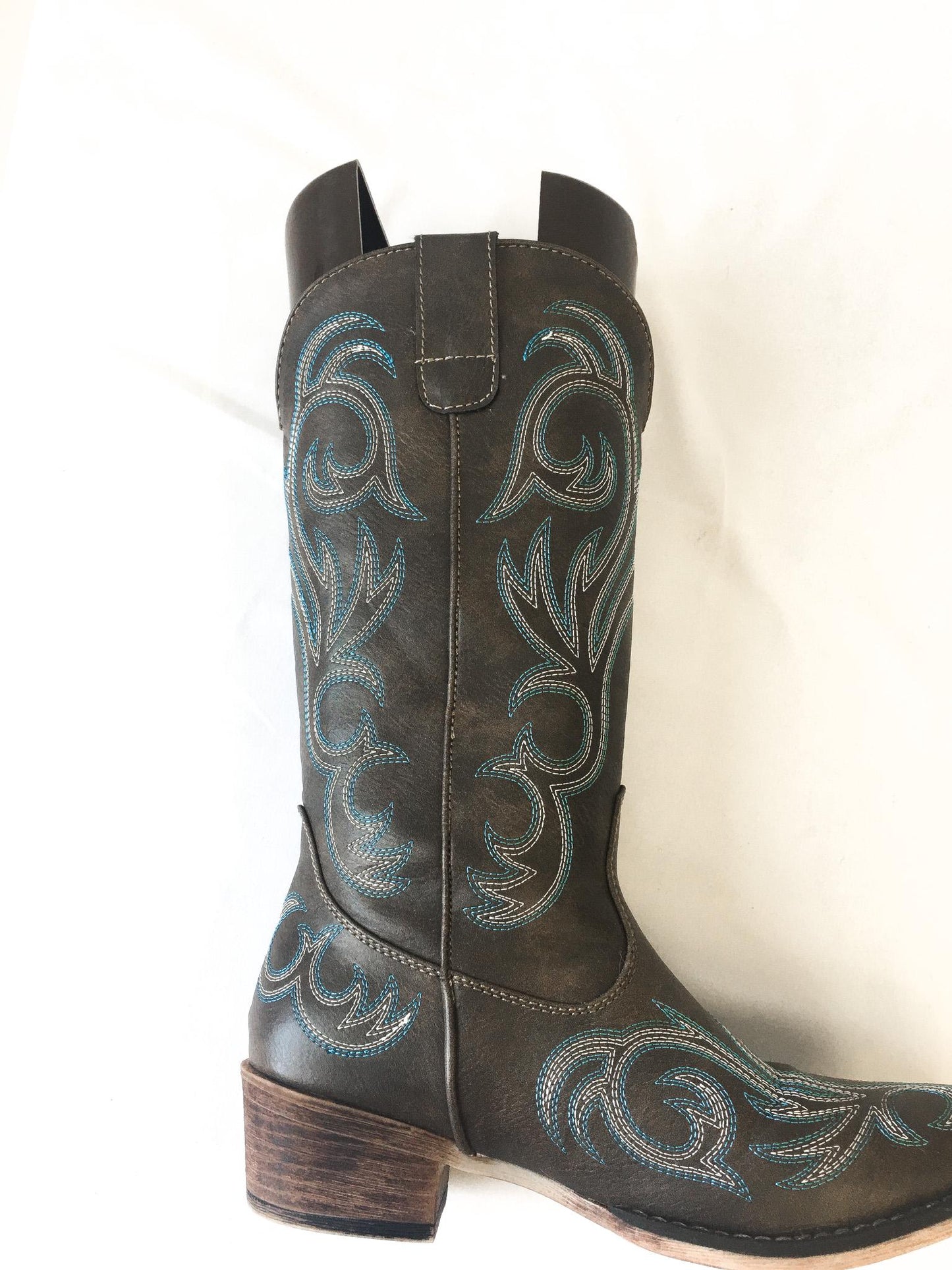 Vintage Inspired Roper Riley Faux Leather Brown Cowboy Boots with Blue Embroidery, Women's Sz. 6, Vintage Western Boots