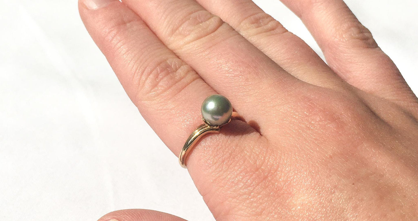 14K Gold Gray Multi-Toned Pearl Ring, Sz. 5.25, Vintage Colored Unique Pearl Ring, Nautical Coastal Jewelry