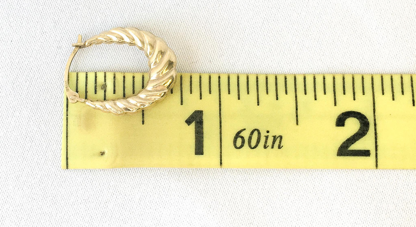 10K Yellow Gold Israel Hollow Ribbed Hoop Earrings, .75", .3 grams, Simple Everyday Hoops