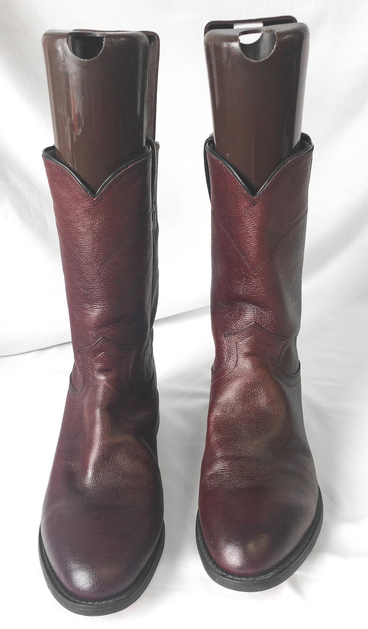 Vintage Justin Dark Cherry Red/Burgundy Leather Cowboy Boots, Style #3435, Men's Sz. 9.5D, Vintage Western Boots