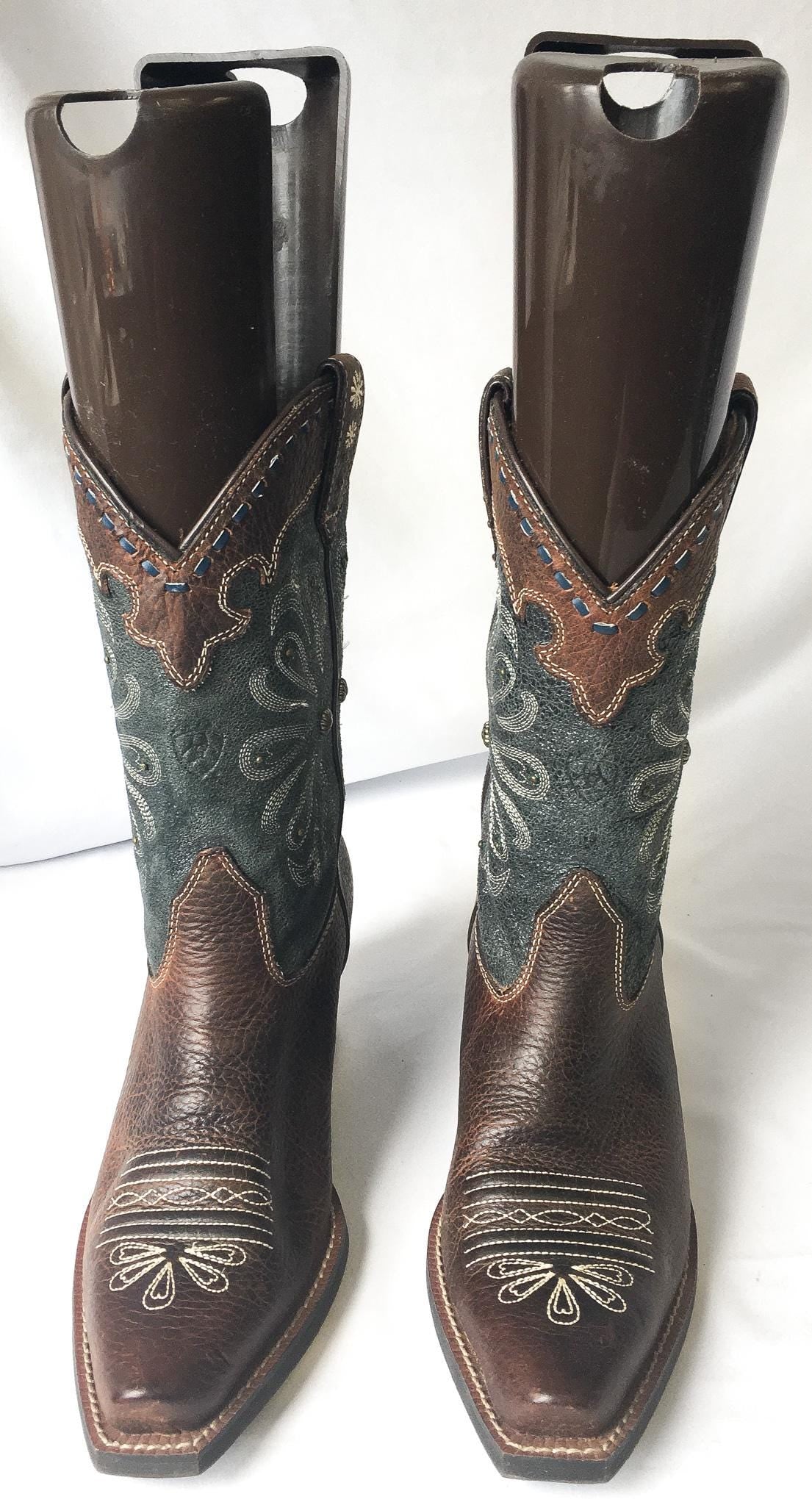 Vintage Inspired Ariat Daisy Dark Teal/Brown Studded Embroidered Cowboy Boots, Women's Sz. 6B, Vintage Unique Western Boots