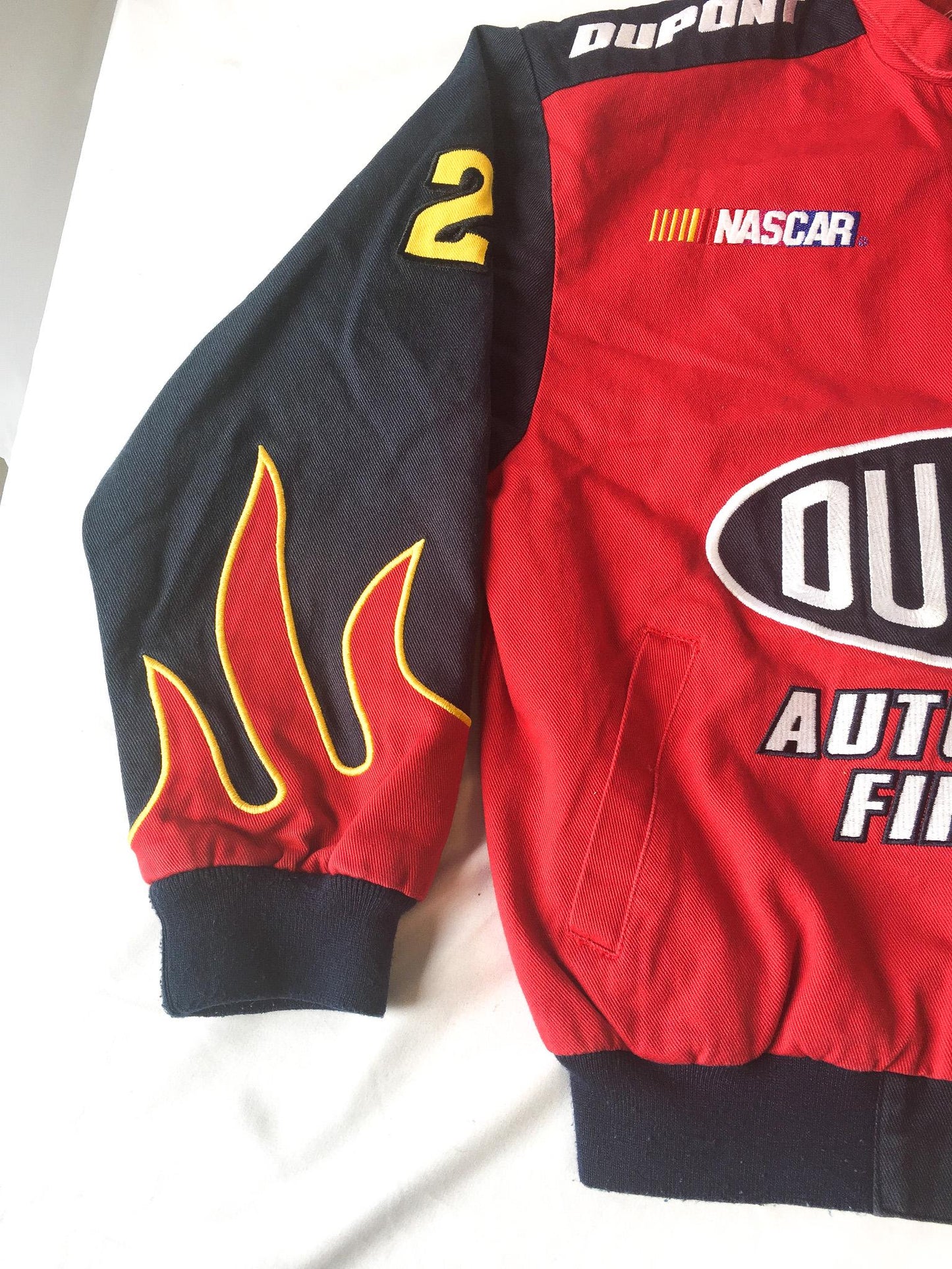90s DuPont Jeff Gordon Nascar Navy/Red "The Miracles of Science" Flame Sleeve Racing Jacket, Approx Sz. S, Vintage Streetwear Racing Apparel