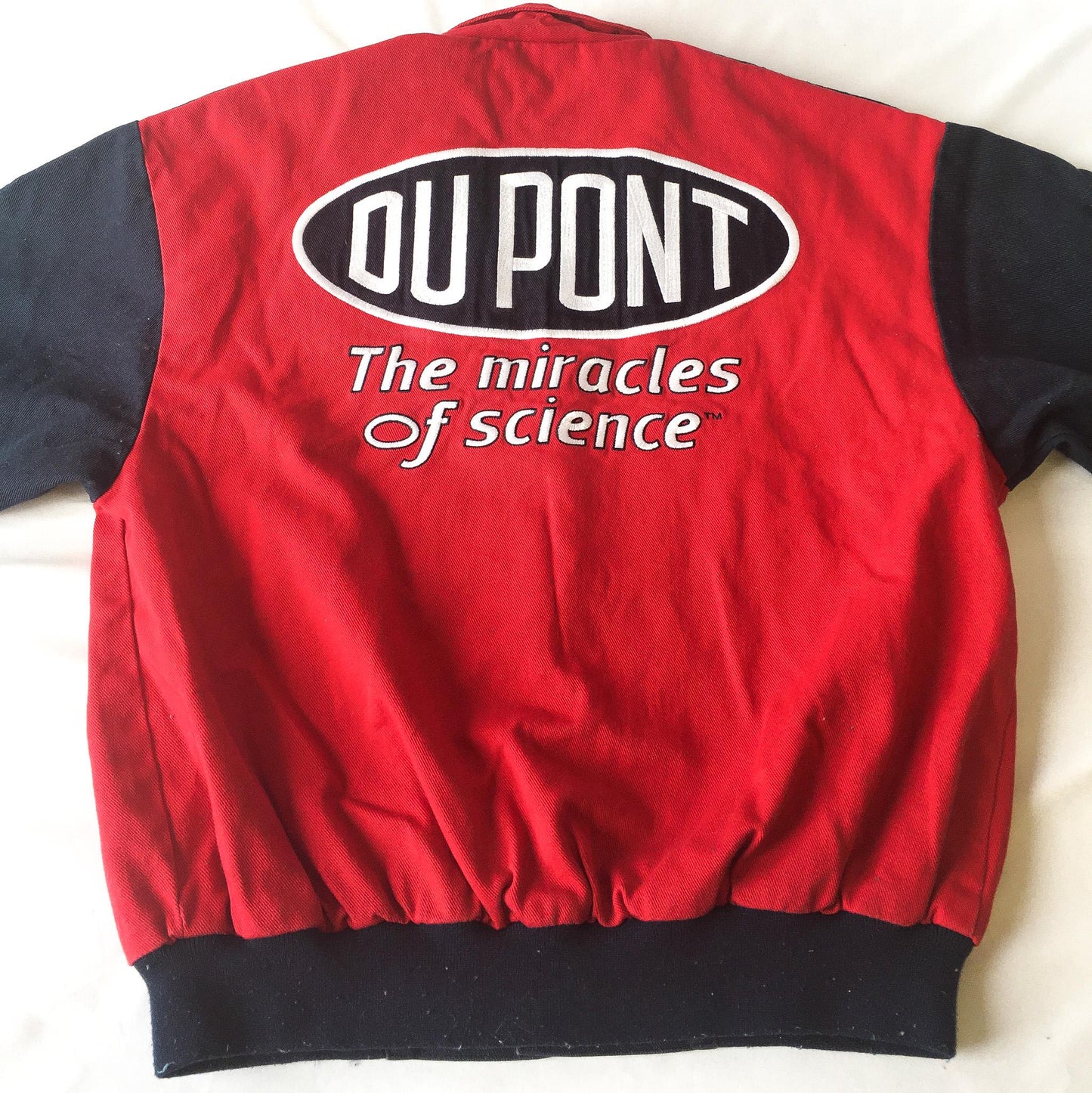 90s DuPont Jeff Gordon Nascar Navy/Red "The Miracles of Science" Flame Sleeve Racing Jacket, Approx Sz. S, Vintage Streetwear Racing Apparel