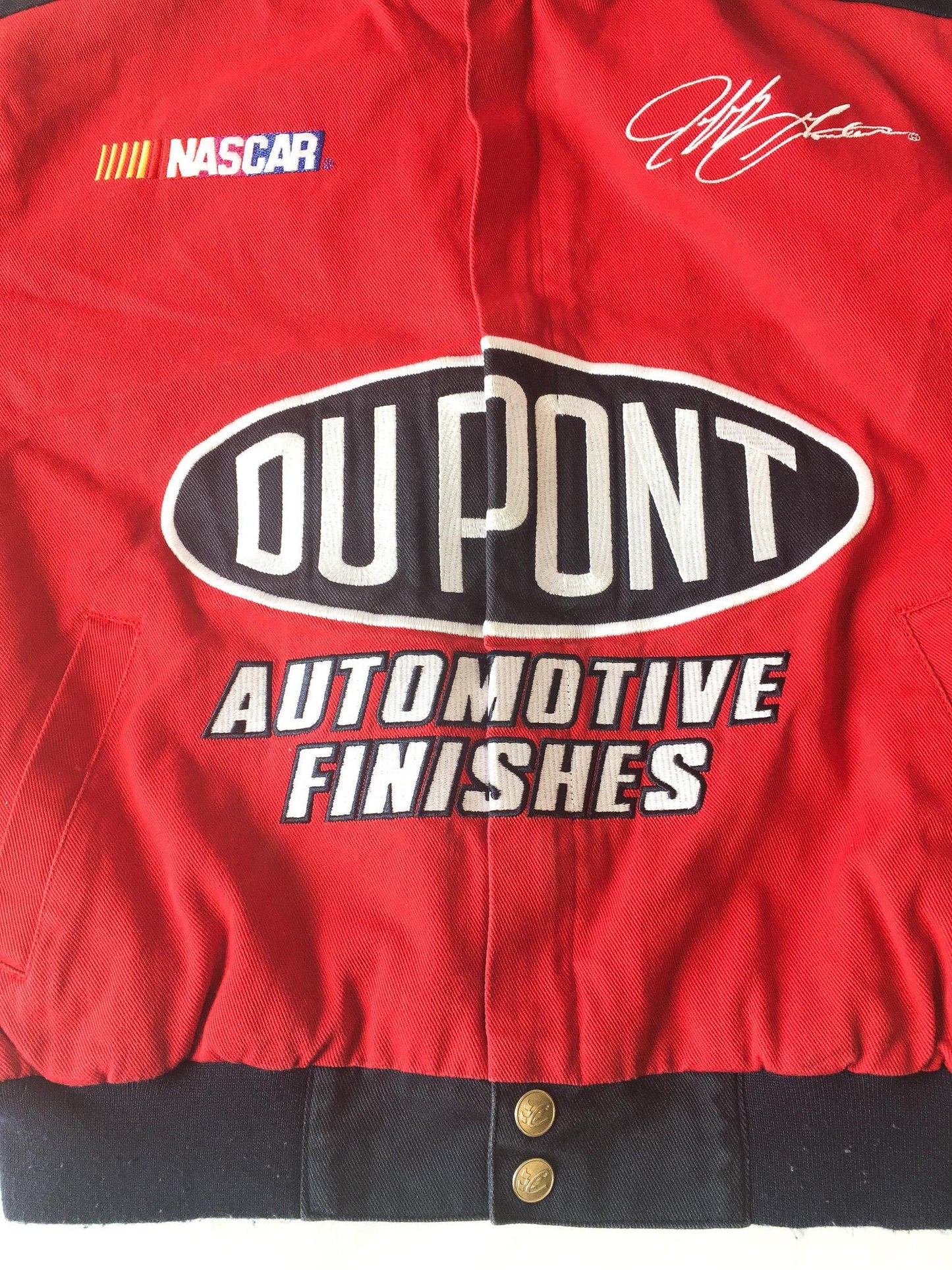 90s DuPont Jeff Gordon Nascar Navy/Red "The Miracles of Science" Flame Sleeve Racing Jacket, Approx Sz. S, Vintage Streetwear Racing Apparel