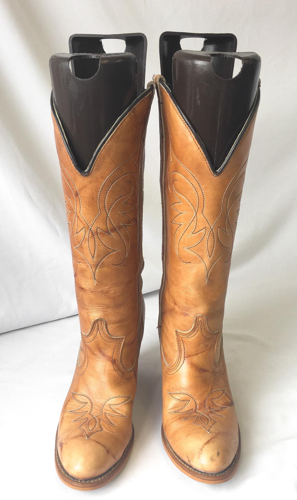 Vintage Dingo Carmel Brown Leather Stacked Heel Cowboy Boots, Sz. 7N, Style #7316, Vintage Cowgirl Western Boots