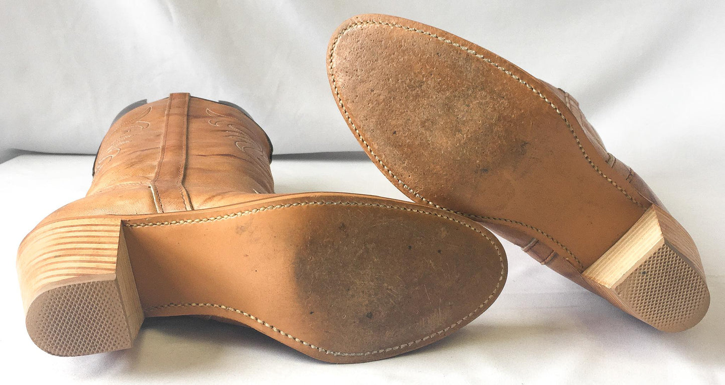 Vintage Dingo Carmel Brown Leather Stacked Heel Cowboy Boots, Sz. 7N, Style #7316, Vintage Cowgirl Western Boots