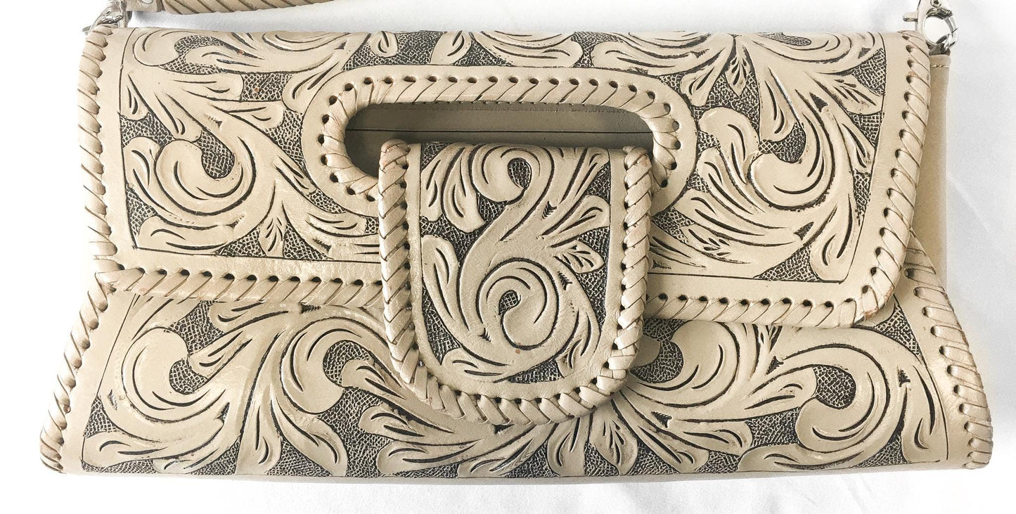 Beige/Cream Origenes by David Luna Floral Tooled Leather Crossbody Bag, Vintage Western Boho Handbag