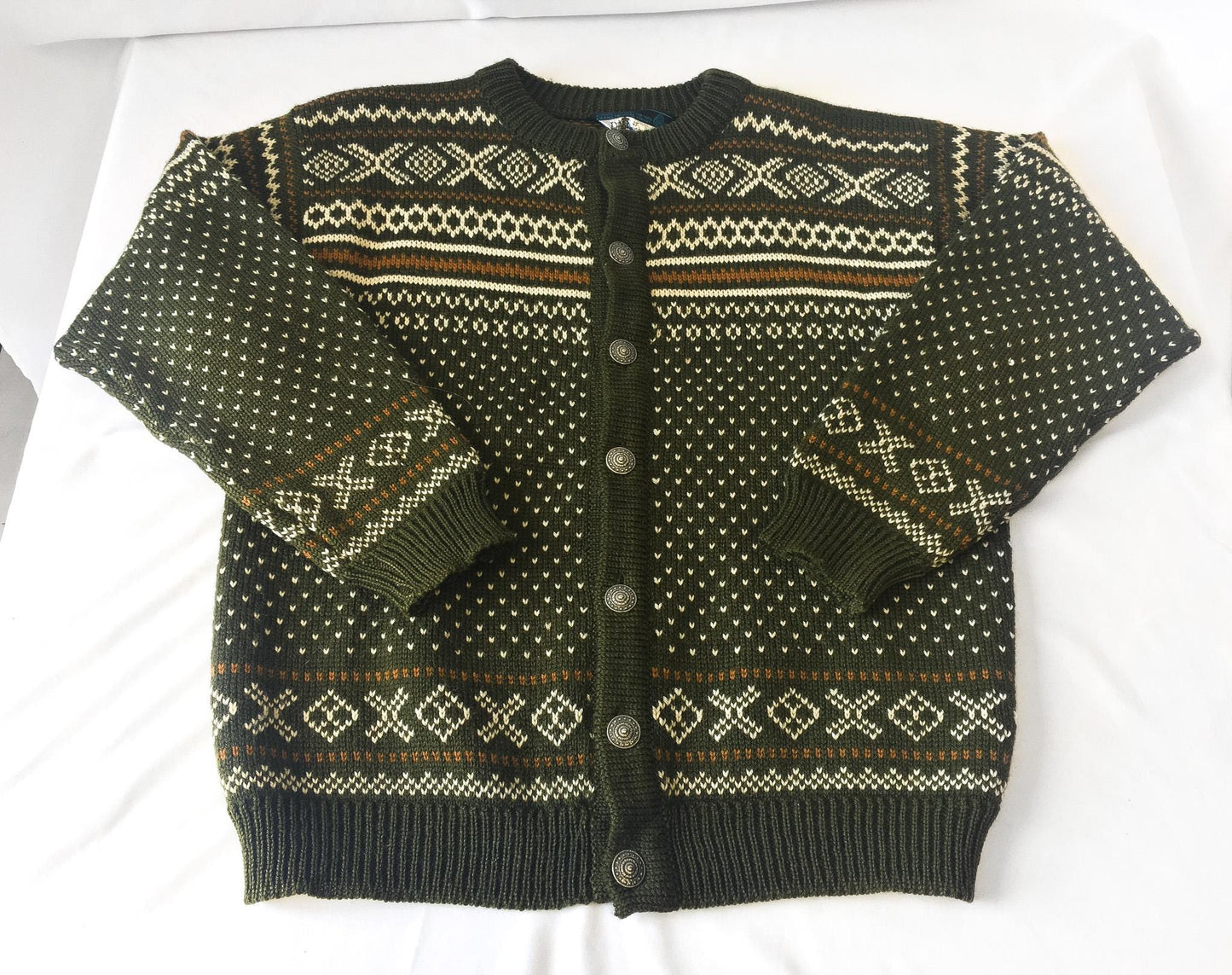 Vintage Dale of Norway Olive Green/White/Gold Fair Isle Wool Button Cardigan Sweater, Approx. Sz. Men's L, Vintage Nordic Sweater