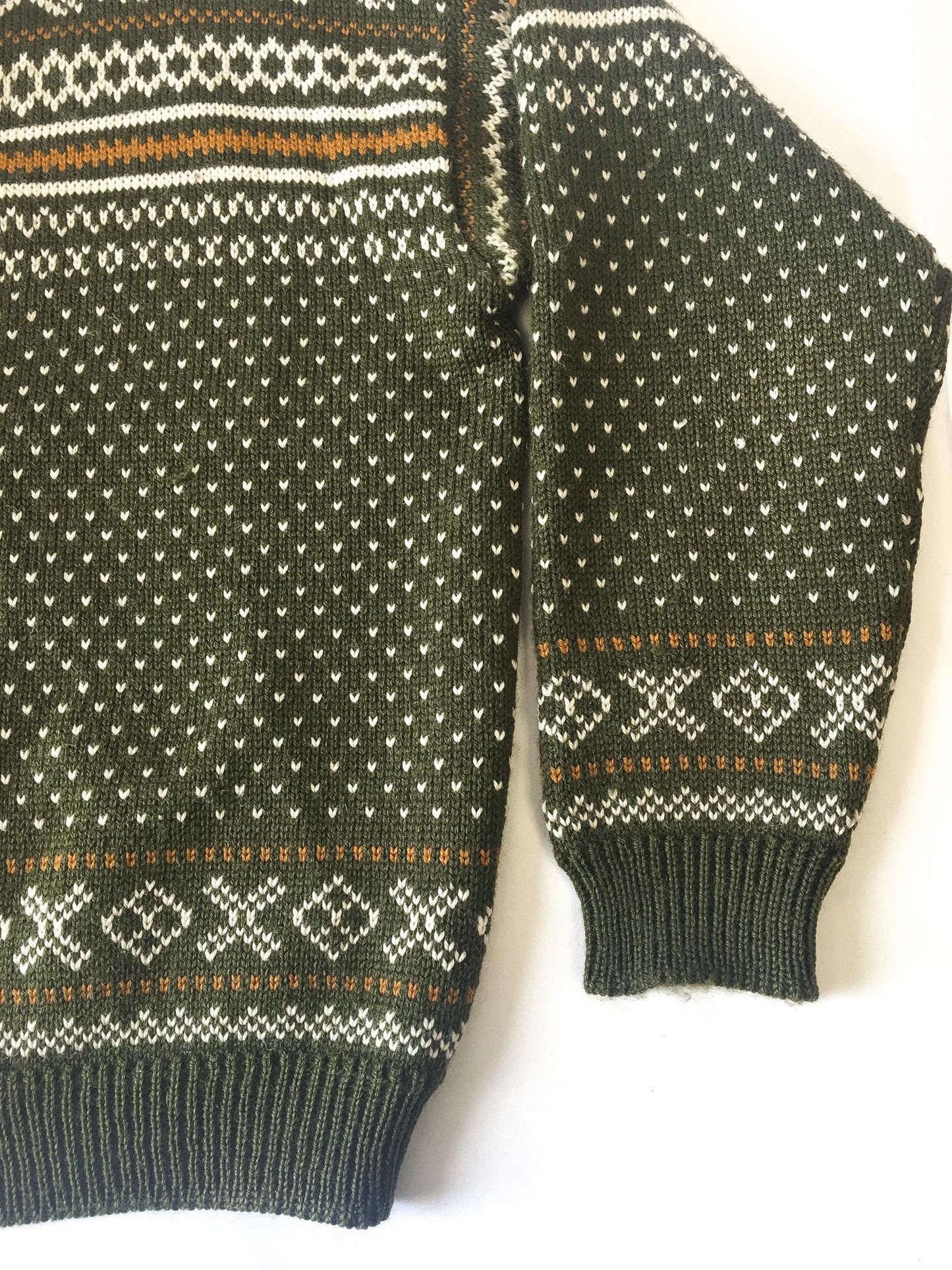 Vintage Dale of Norway Olive Green/White/Gold Fair Isle Wool Button Cardigan Sweater, Approx. Sz. Men's L, Vintage Nordic Sweater