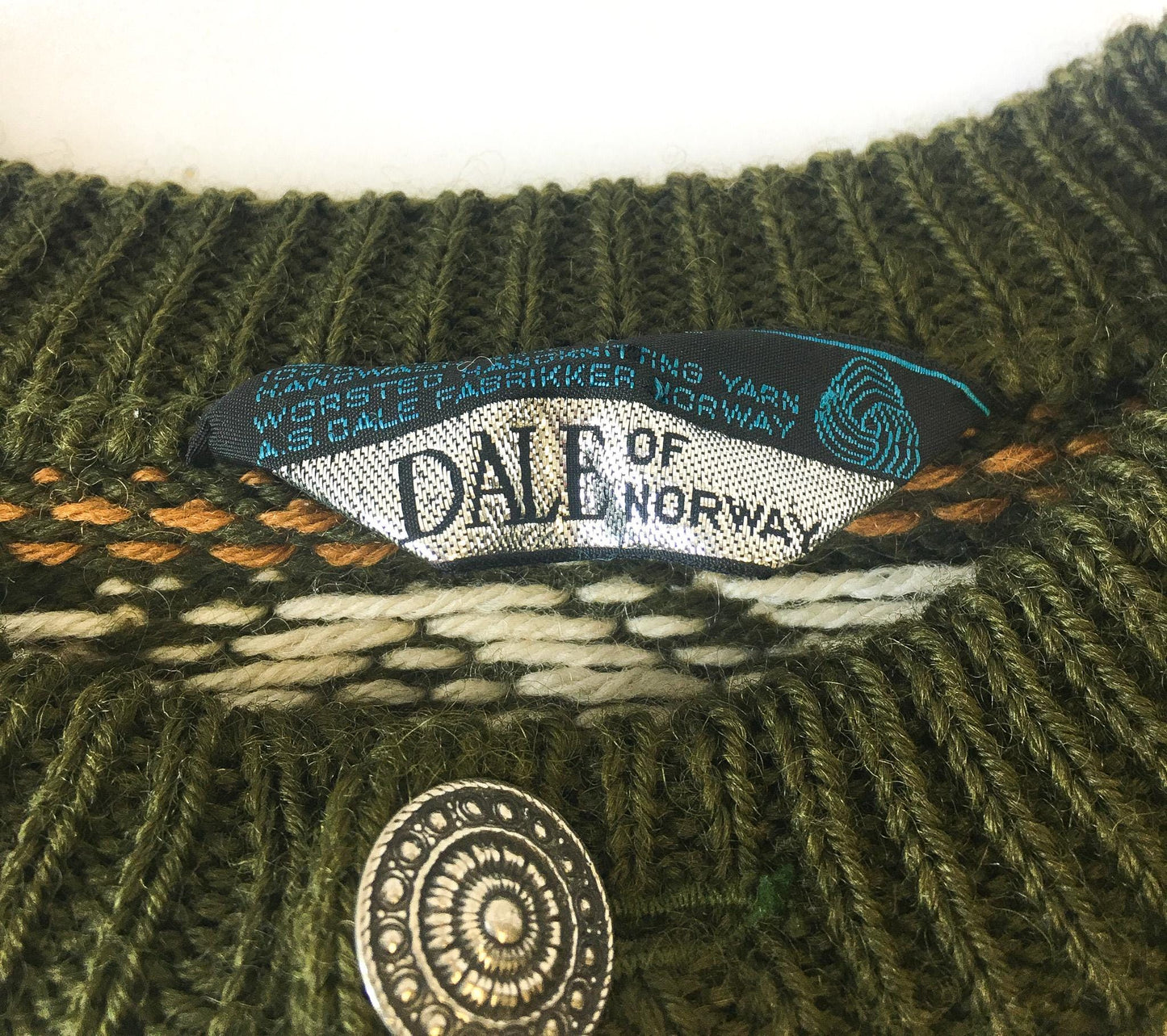 Vintage Dale of Norway Olive Green/White/Gold Fair Isle Wool Button Cardigan Sweater, Approx. Sz. Men's L, Vintage Nordic Sweater
