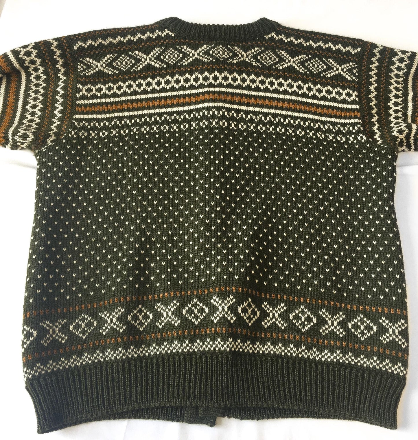 Vintage Dale of Norway Olive Green/White/Gold Fair Isle Wool Button Cardigan Sweater, Approx. Sz. Men's L, Vintage Nordic Sweater