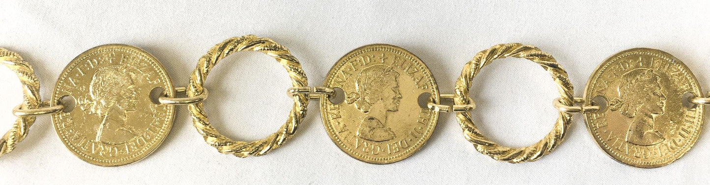 Vintage Gold Toned Grecian Roman Spartan Coin Adjustable Chain Link Belt