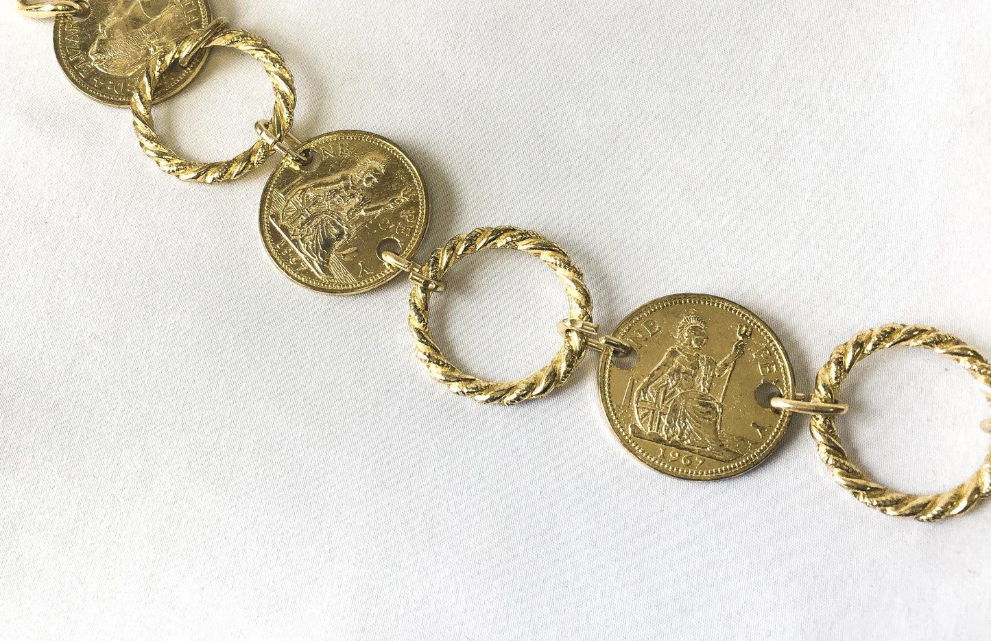 Vintage Gold Toned Grecian Roman Spartan Coin Adjustable Chain Link Belt