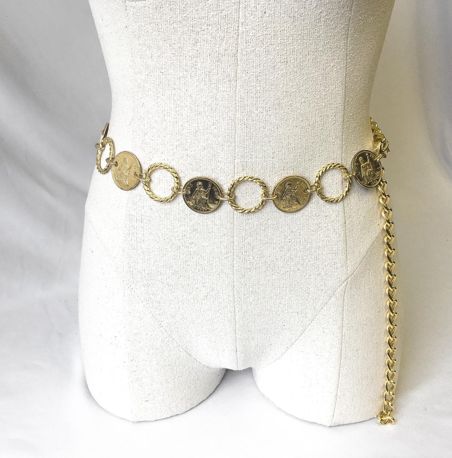 Vintage Gold Toned Grecian Roman Spartan Coin Adjustable Chain Link Belt