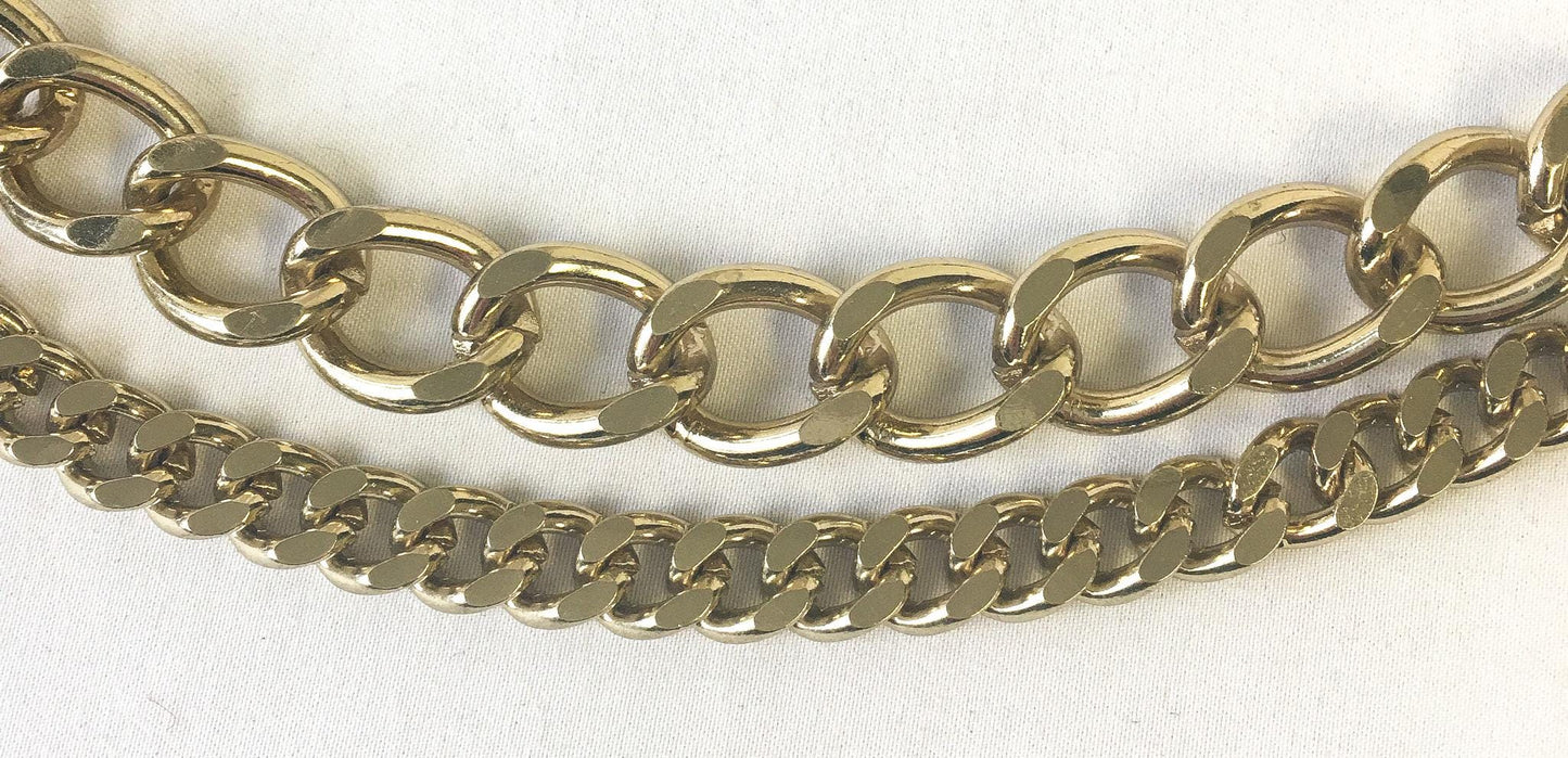 Vintage Gold Toned Double Chain Front Circular Rhinestone Accent Link Belt, Vintage Retro Accessories