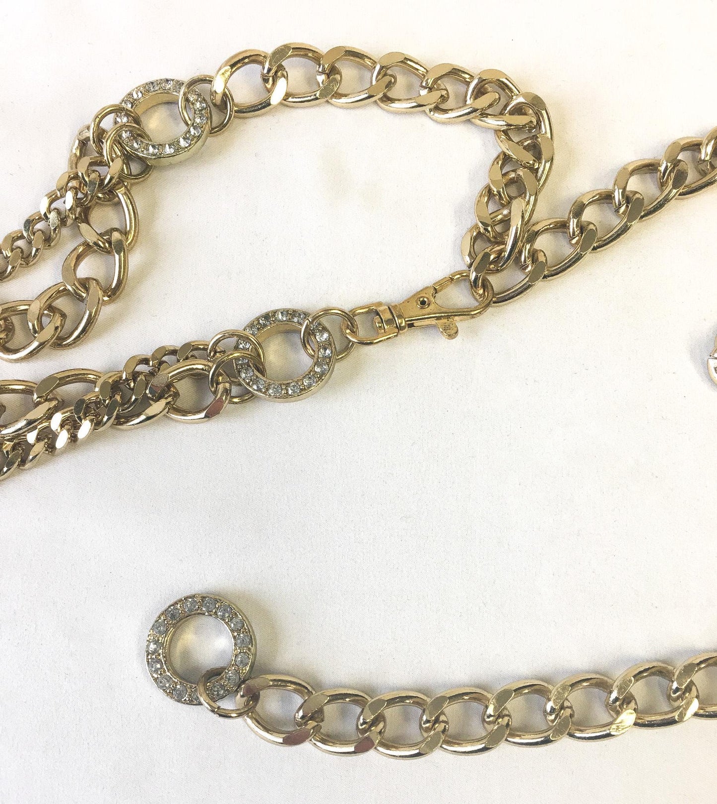 Vintage Gold Toned Double Chain Front Circular Rhinestone Accent Link Belt, Vintage Retro Accessories