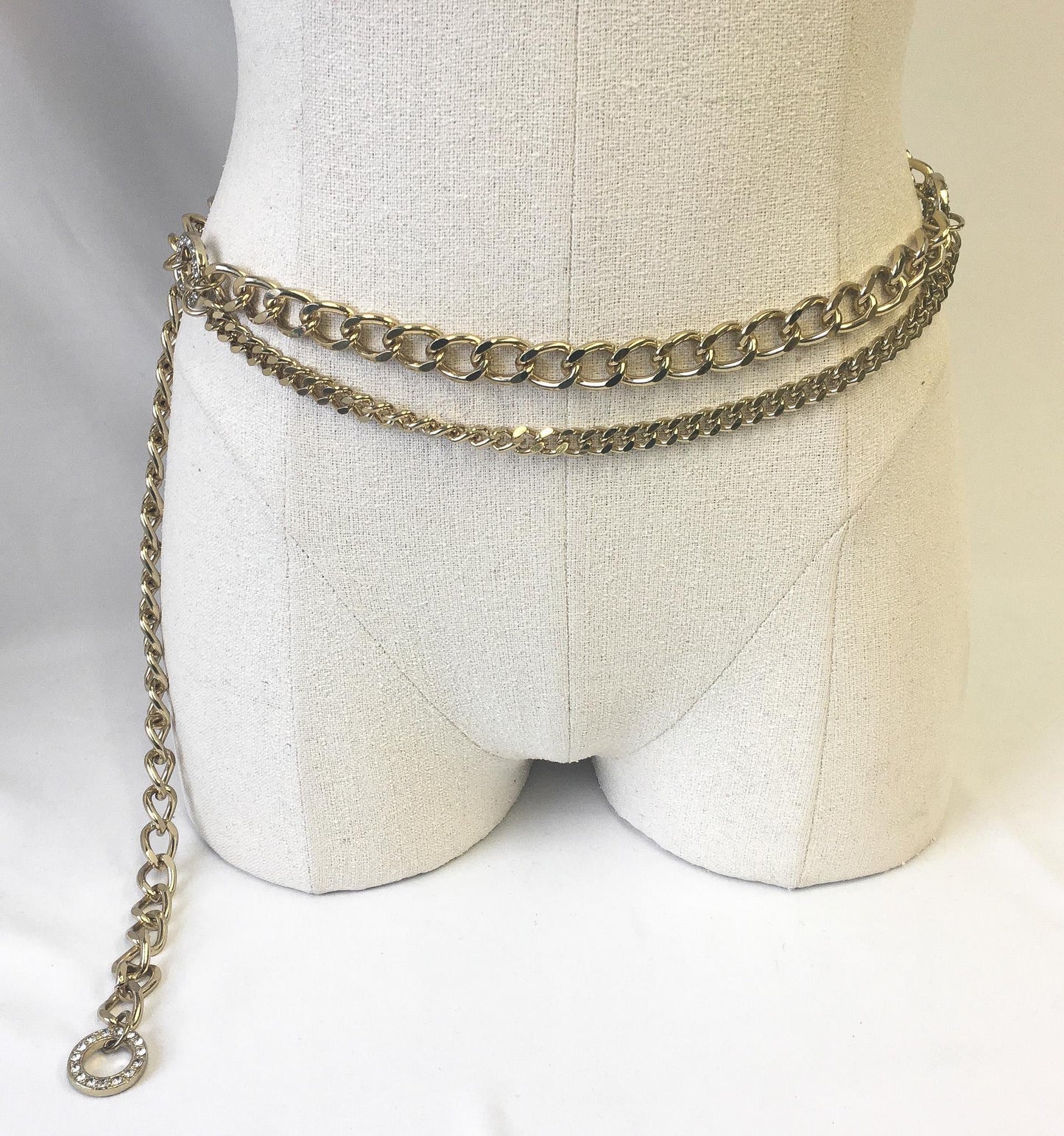 Vintage Gold Toned Double Chain Front Circular Rhinestone Accent Link Belt, Vintage Retro Accessories