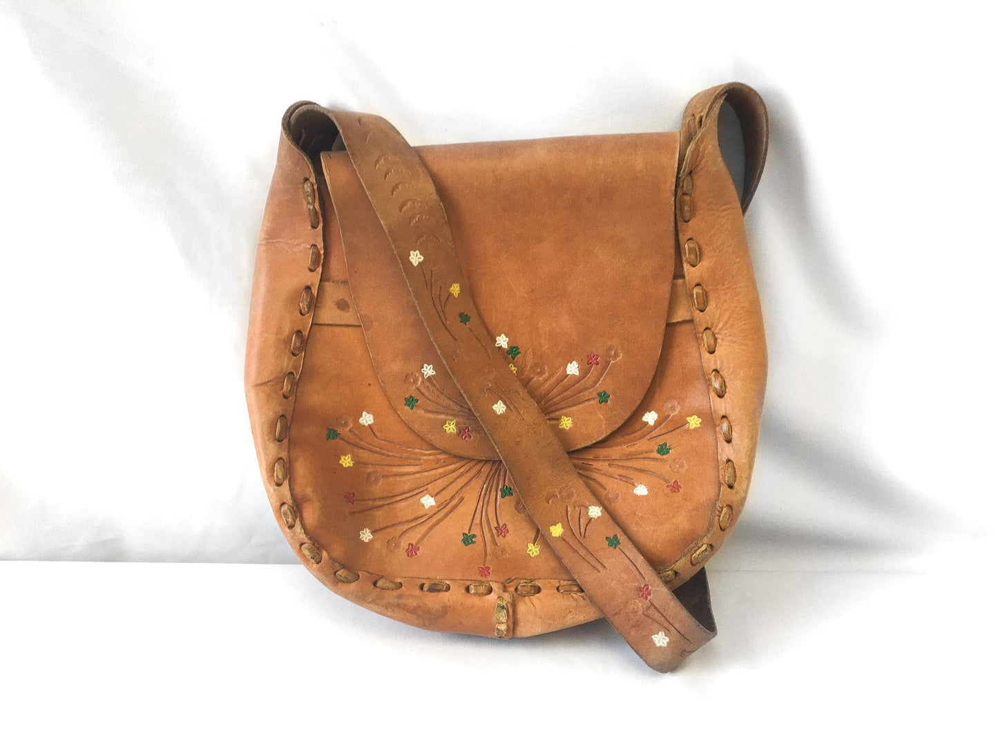70s Handcrafted Tooled Leather Flap Crossbody Shoulder Bag with Hand Painted Floral Details, Vintage Western Boho Handbag