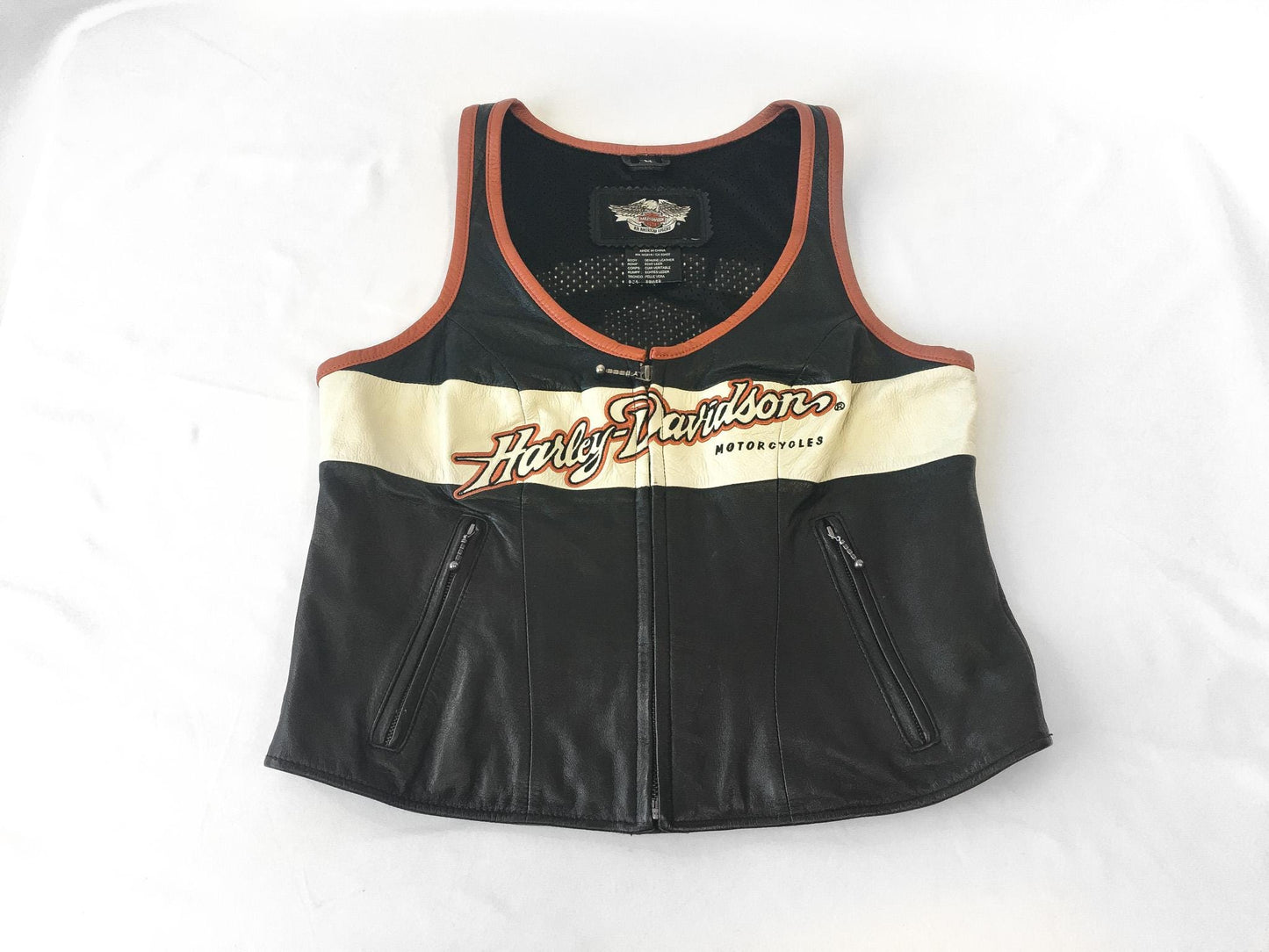 Vintage Inspired Harley Davidson Black/Orange/Cream Leather Vest, Women's Sz. M, Vintage Biker Motorcycle Vest