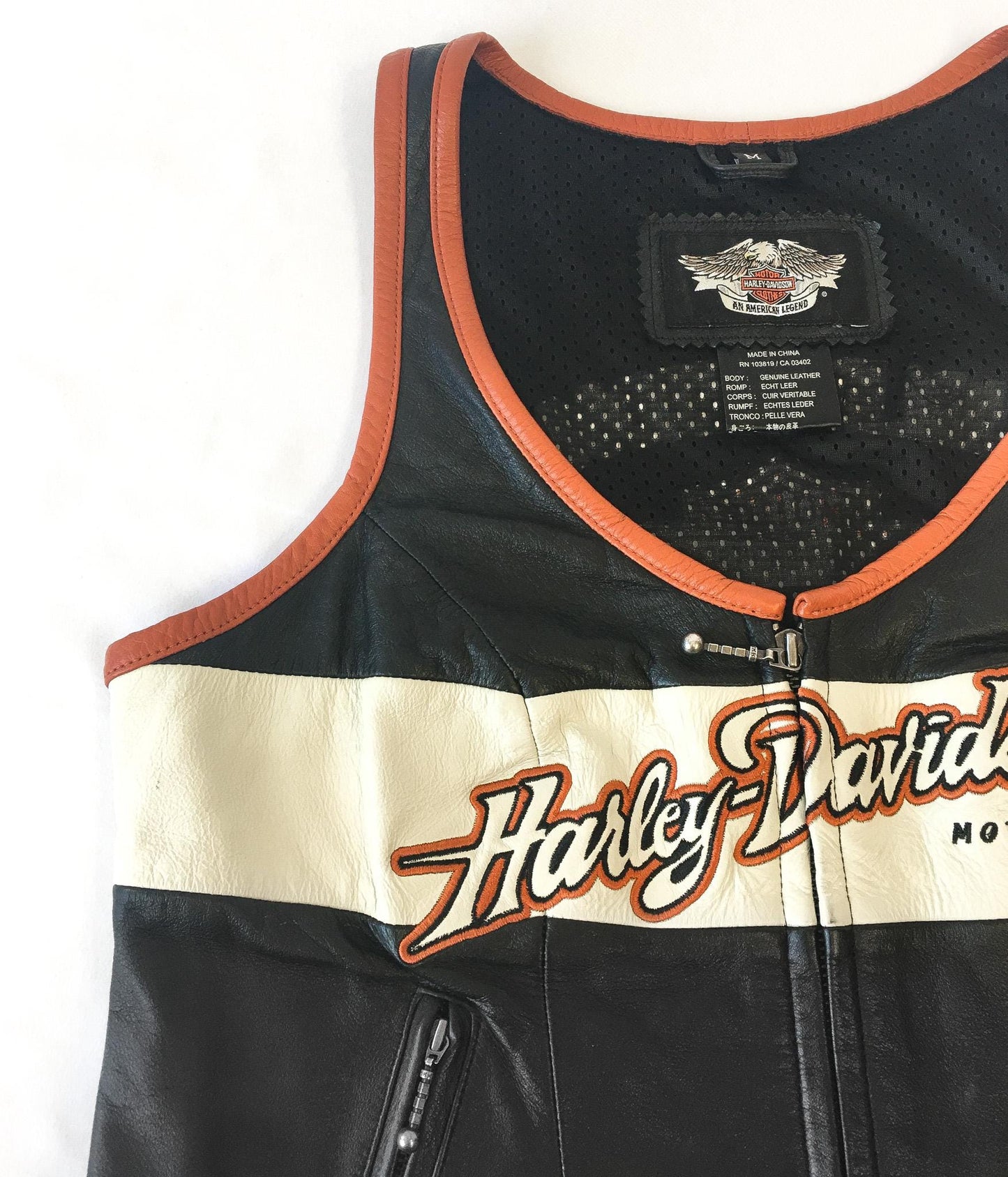 Vintage Inspired Harley Davidson Black/Orange/Cream Leather Vest, Women's Sz. M, Vintage Biker Motorcycle Vest