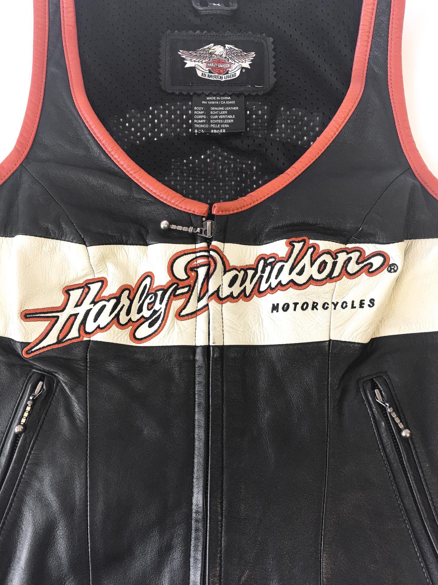 Vintage Inspired Harley Davidson Black/Orange/Cream Leather Vest, Women's Sz. M, Vintage Biker Motorcycle Vest