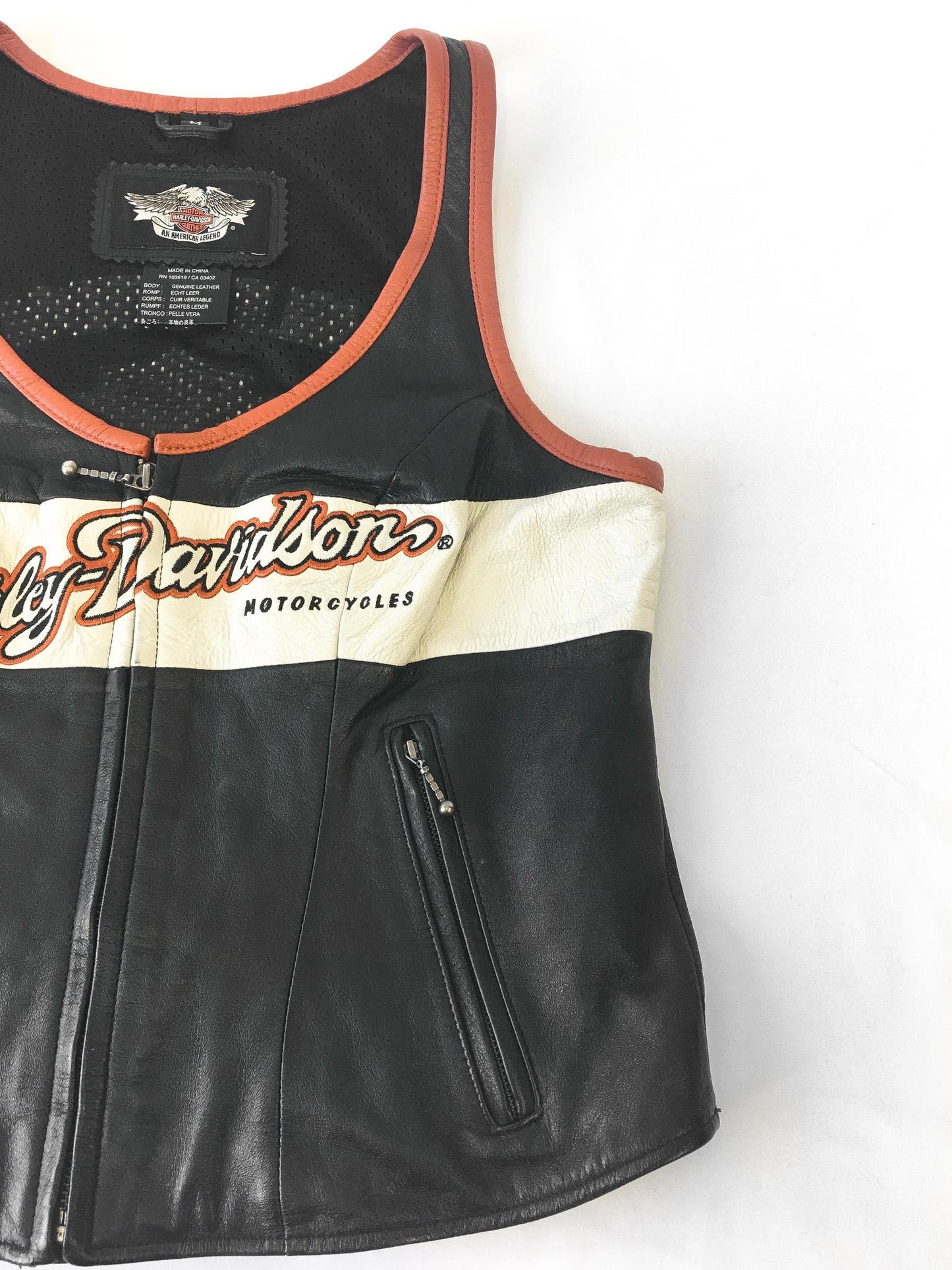 Vintage Inspired Harley Davidson Black/Orange/Cream Leather Vest, Women's Sz. M, Vintage Biker Motorcycle Vest