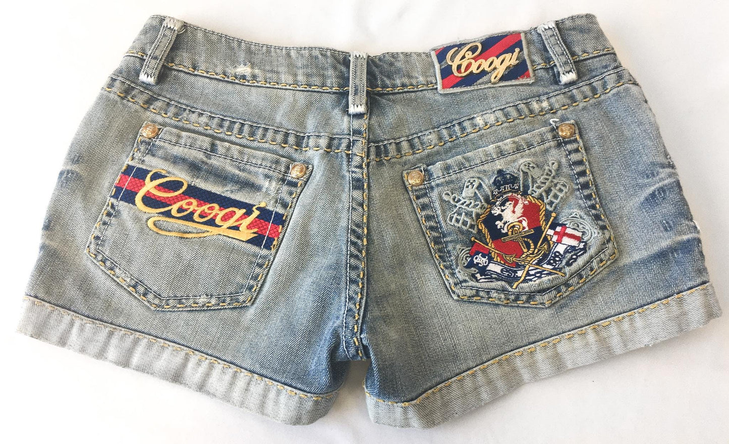 Vintage COOGI Light Wash Royal Symbol Blue/Red/Gold Low Rise Micro Denim Shorts, 29" Waist, Y2K Denim Shorts