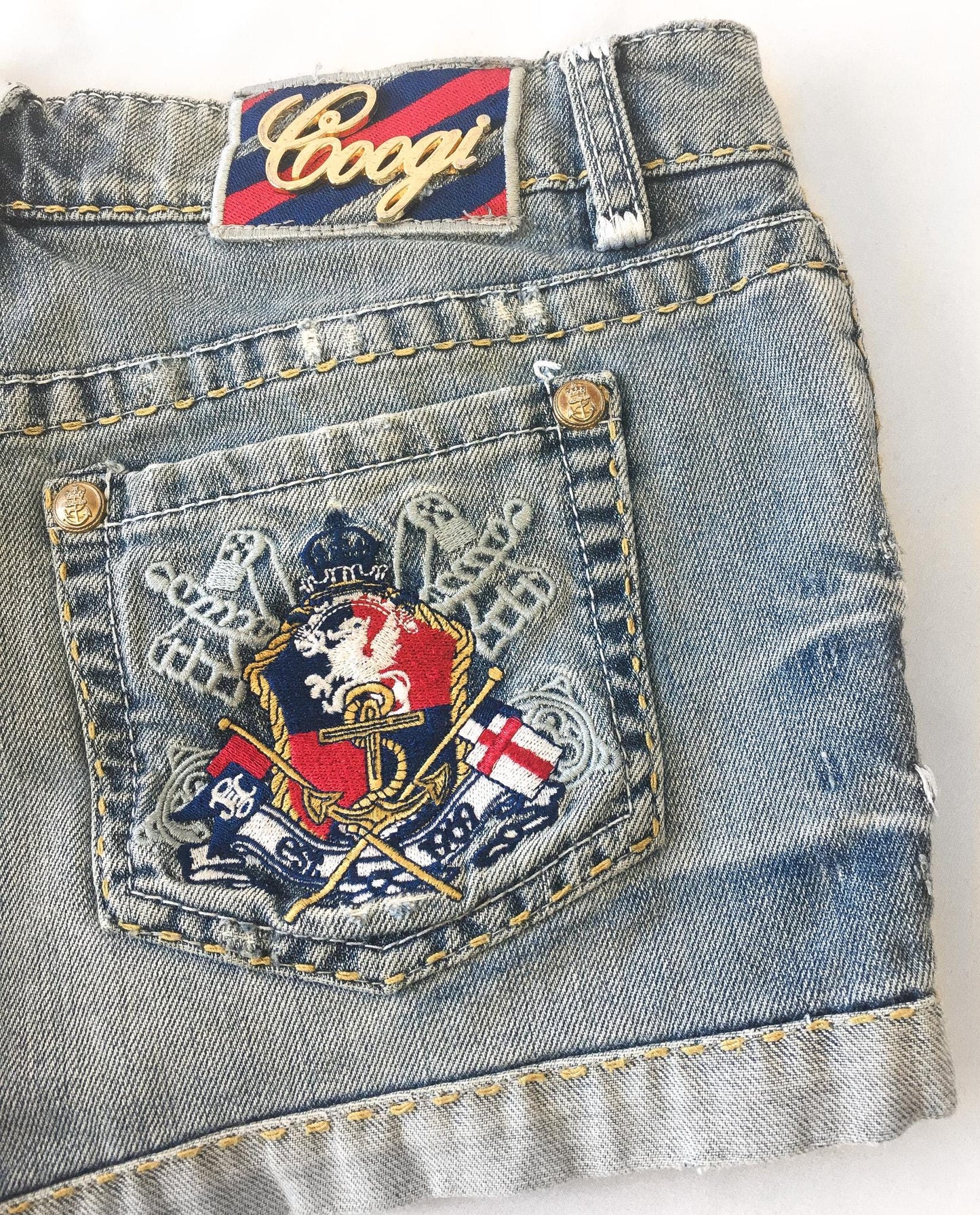 Vintage COOGI Light Wash Royal Symbol Blue/Red/Gold Low Rise Micro Denim Shorts, 29" Waist, Y2K Denim Shorts