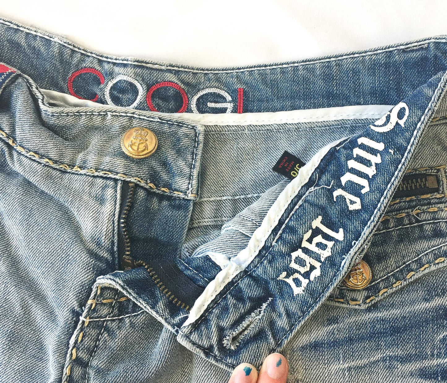 Vintage COOGI Light Wash Royal Symbol Blue/Red/Gold Low Rise Micro Denim Shorts, 29" Waist, Y2K Denim Shorts