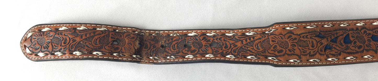 Tooled Nocona Blue Inlay Floral Engraved Leather Belt, Sz. 30" - 34" Waist, Vintage Western Boho Belt