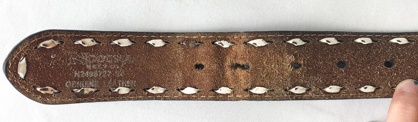 Tooled Nocona Blue Inlay Floral Engraved Leather Belt, Sz. 30" - 34" Waist, Vintage Western Boho Belt