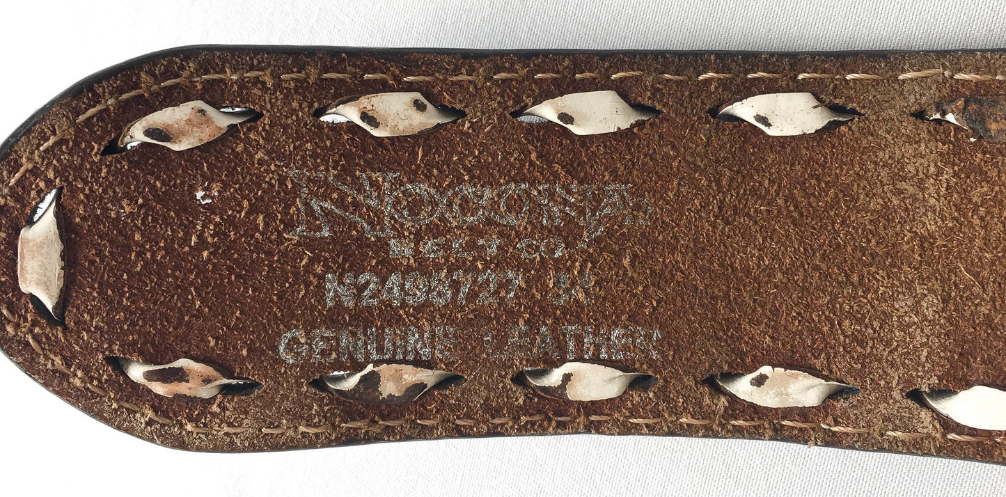 Tooled Nocona Blue Inlay Floral Engraved Leather Belt, Sz. 30" - 34" Waist, Vintage Western Boho Belt
