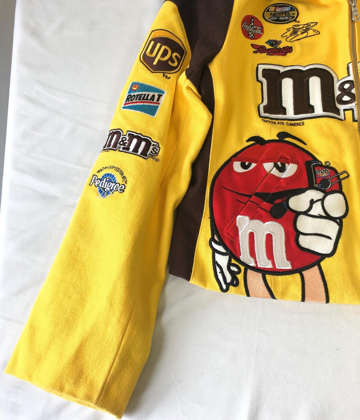 Vintage M&M's Nascar Yellow Brown #38 Elliott Sadler Embroidered Racing Jacket, Sz. M, Vintage Nascar F1 Streetwear Jacket