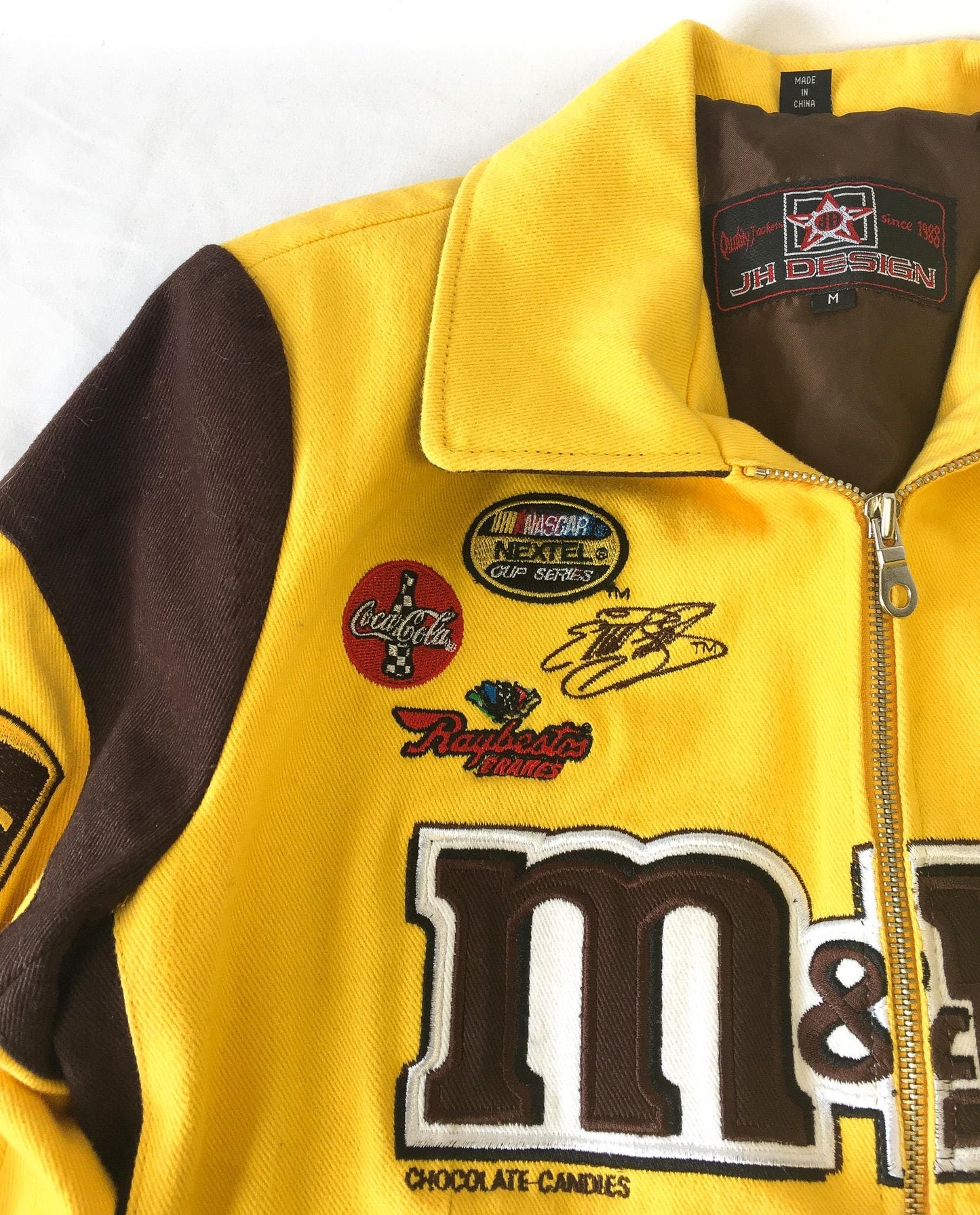 Vintage M&M's Nascar Yellow Brown #38 Elliott Sadler Embroidered Racing Jacket, Sz. M, Vintage Nascar F1 Streetwear Jacket
