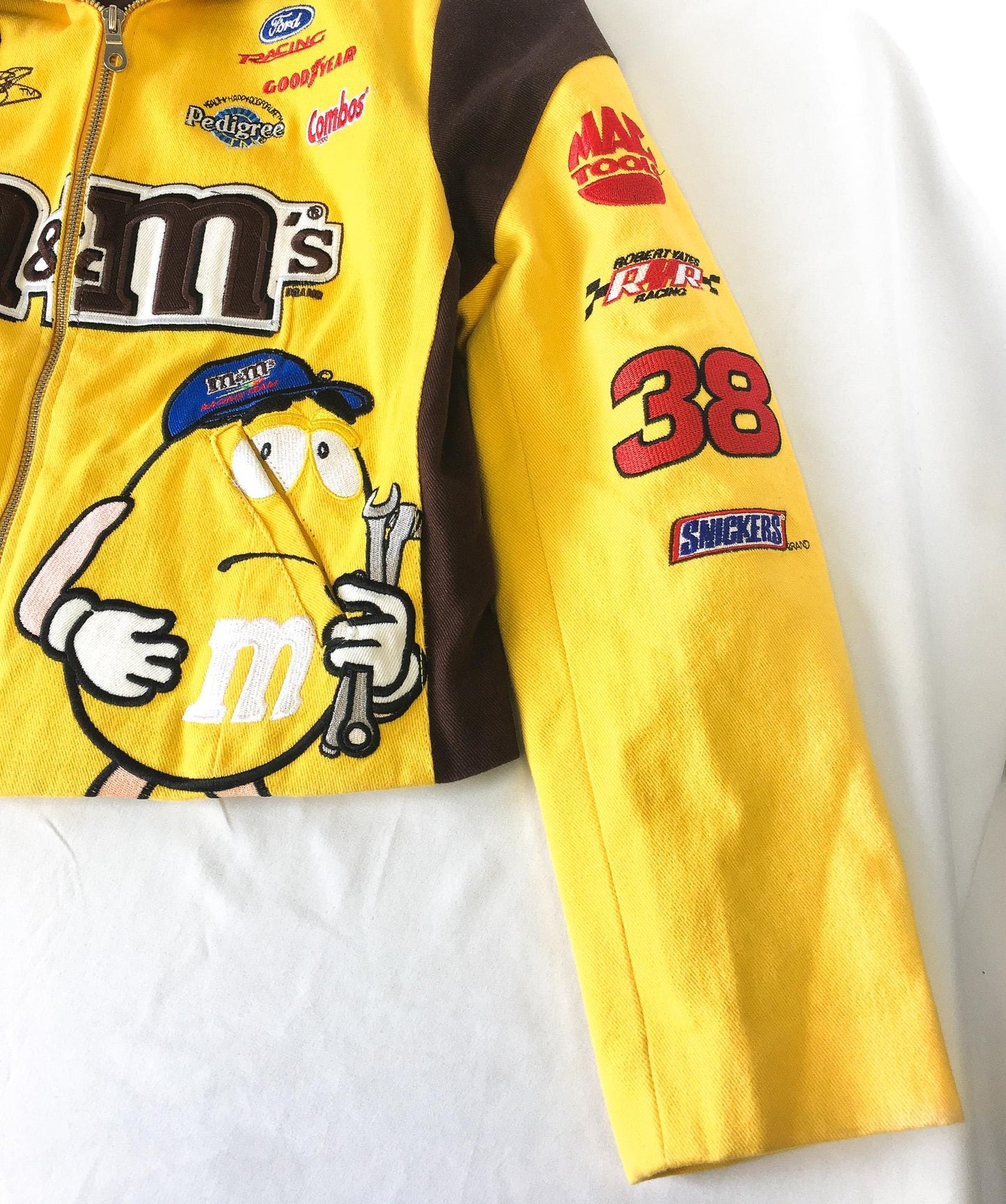Vintage M&M's Nascar Yellow Brown #38 Elliott Sadler Embroidered Racing Jacket, Sz. M, Vintage Nascar F1 Streetwear Jacket