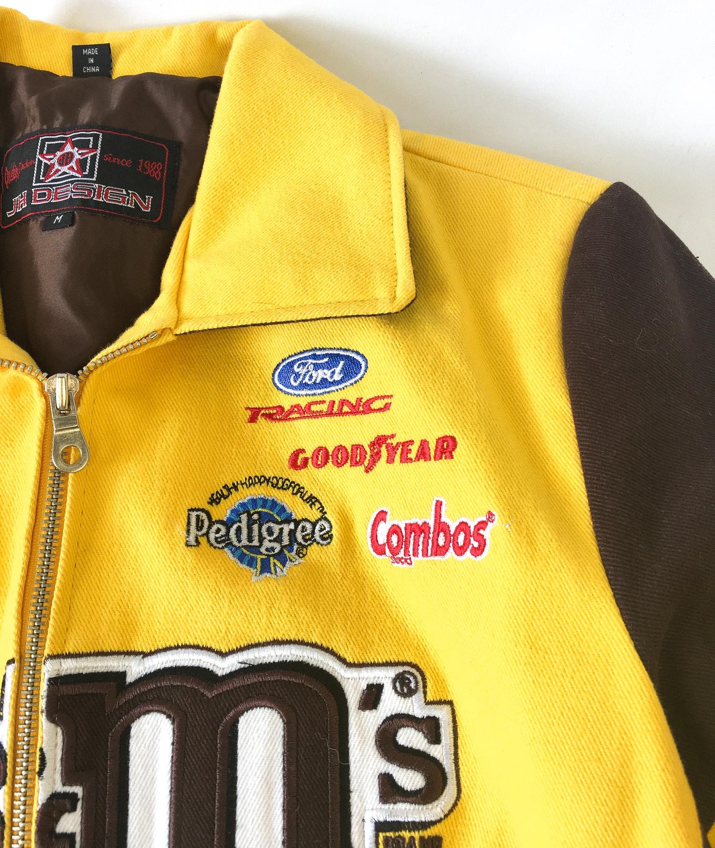Vintage M&M's Nascar Yellow Brown #38 Elliott Sadler Embroidered Racing Jacket, Sz. M, Vintage Nascar F1 Streetwear Jacket