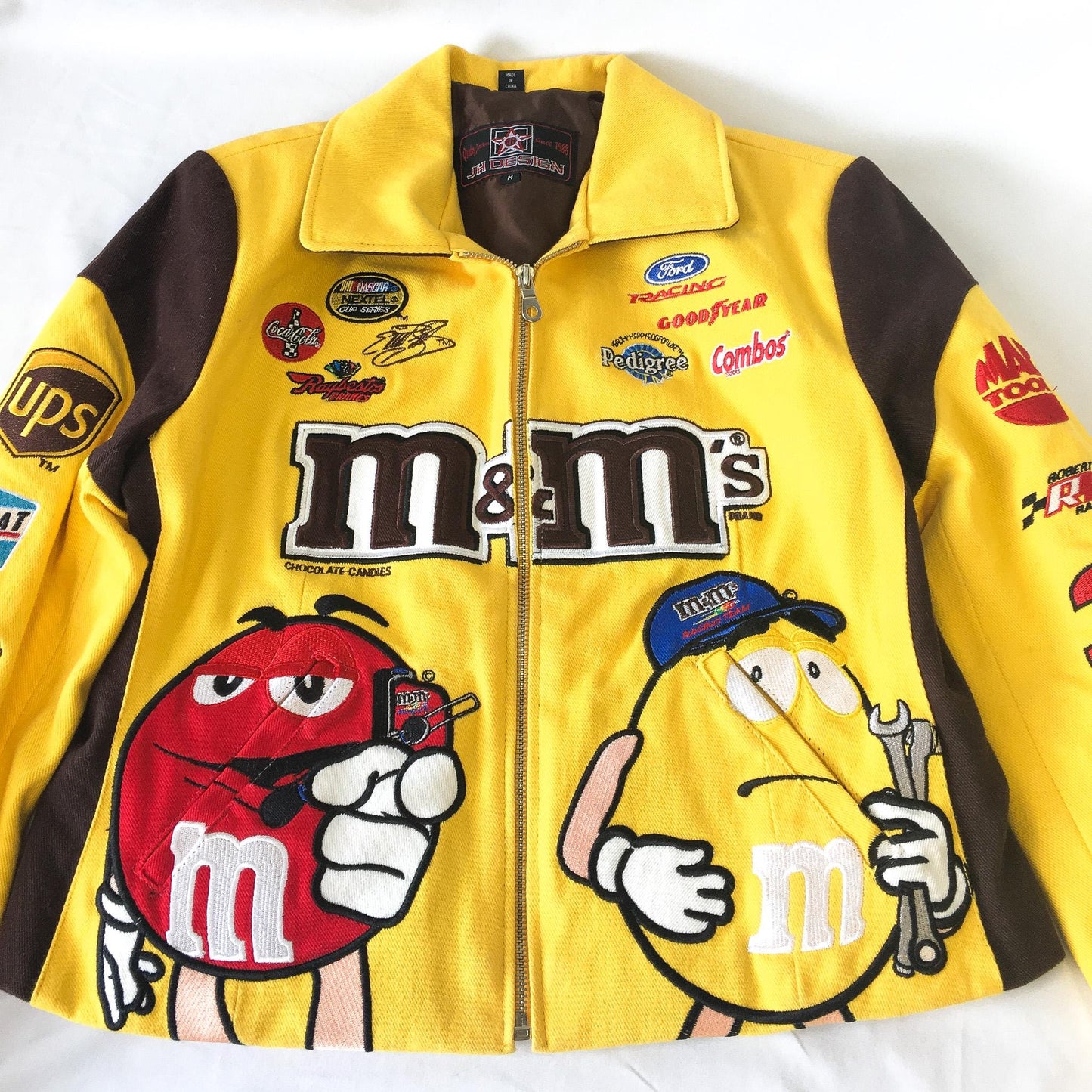 Vintage M&M's Nascar Yellow Brown #38 Elliott Sadler Embroidered Racing Jacket, Sz. M, Vintage Nascar F1 Streetwear Jacket