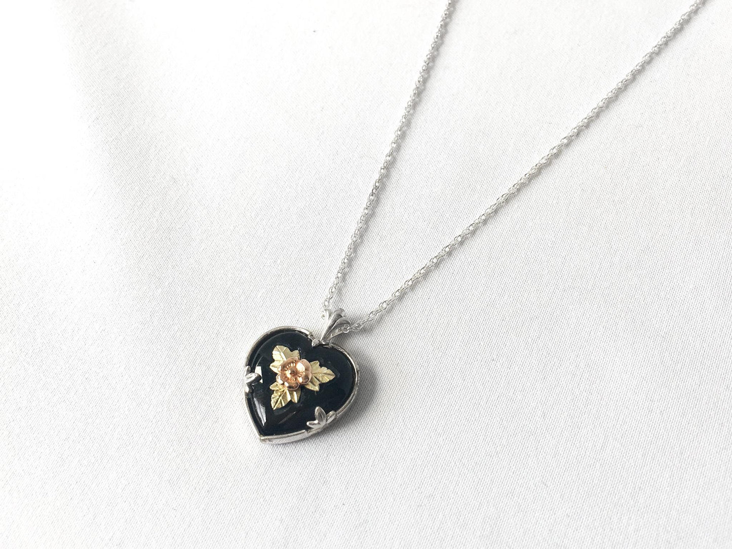 Vintage Black Hills Gold CCO Sterling 12K Gold Onyx Heart Rose Pendant Necklace, 18" Sterling Chain, .75" Pendant, Black Hills Gold Jewelry