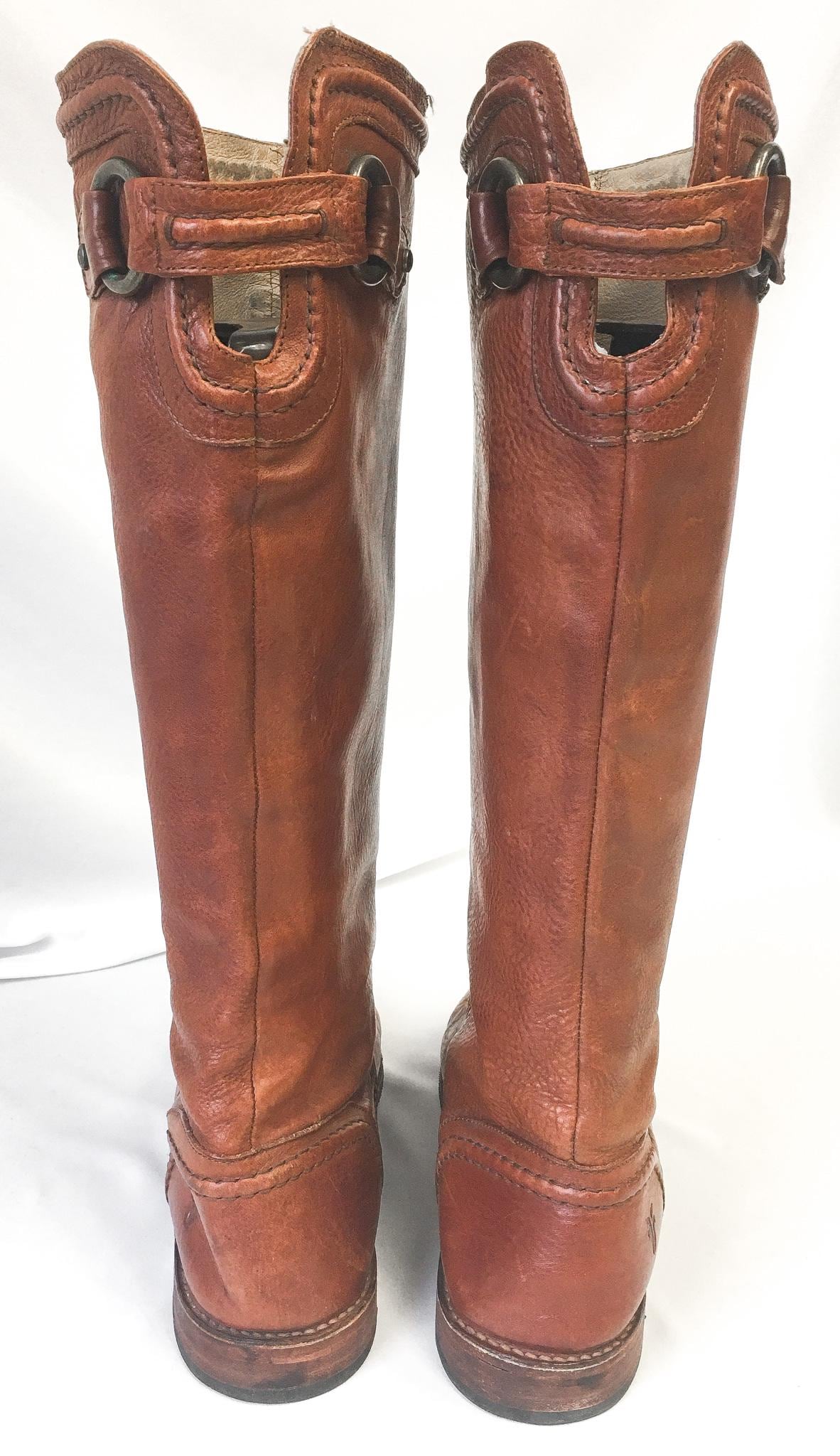 Vintage Inspired Frye Paige Trapunto Red/Brown Leather Knee High Riding Boots, Style #76140, Women's Sz. 10B, Vintage Western Boots